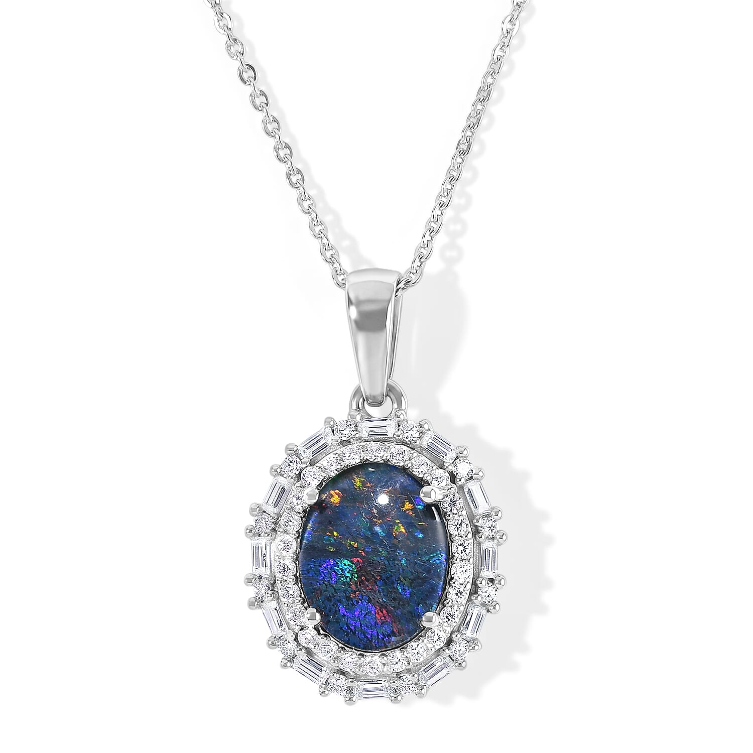 D''Joy Premium Australian Black Ridge Opal Triplet, Moissanite Astral Crown Pendant Necklace (20 Inches) in Rhodium Over Sterling Silver 2.30 ctw