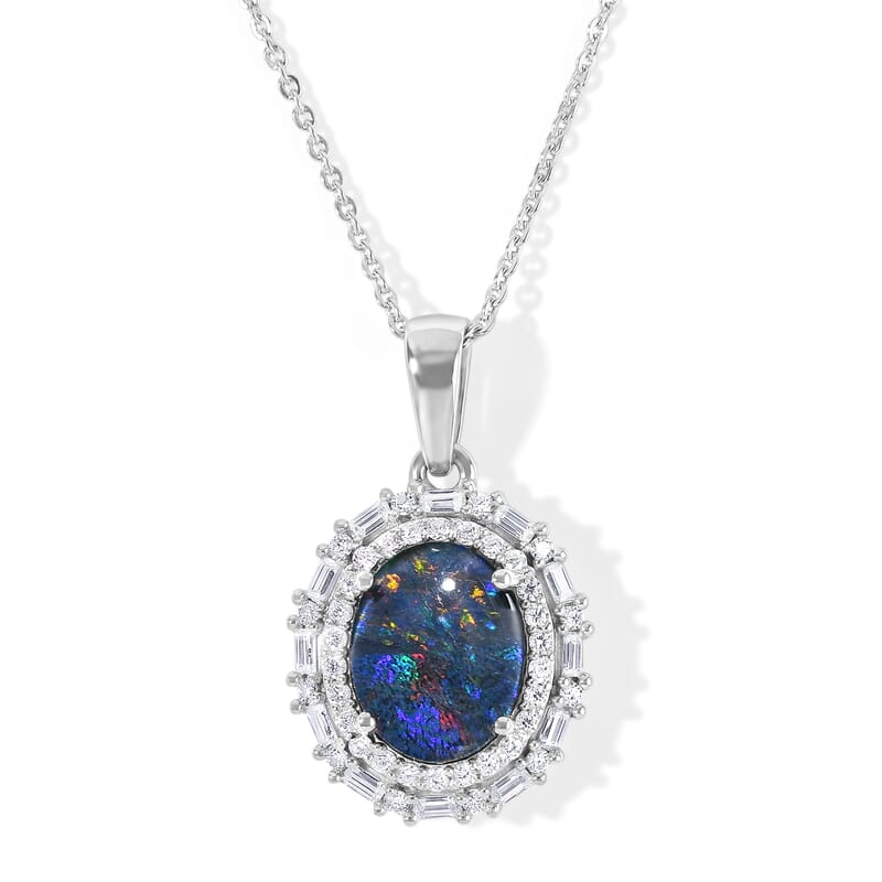 D'Joy Premium Australian Black Ridge Opal Triplet and Moissanite 2.30 ctw Astral Crown Pendant Necklace in Rhodium Over Sterling Silver 20 Inches