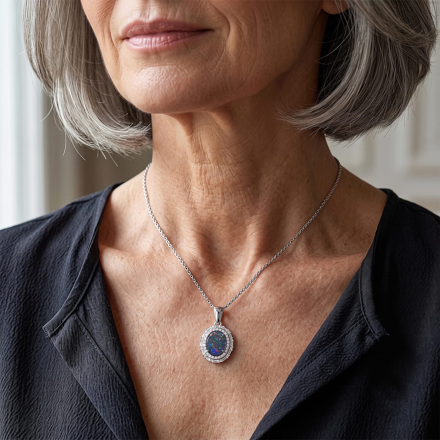 D'Joy Premium Australian Black Ridge Opal Triplet and Moissanite 2.30 ctw Astral Crown Pendant Necklace in Rhodium Over Sterling Silver 20 Inches