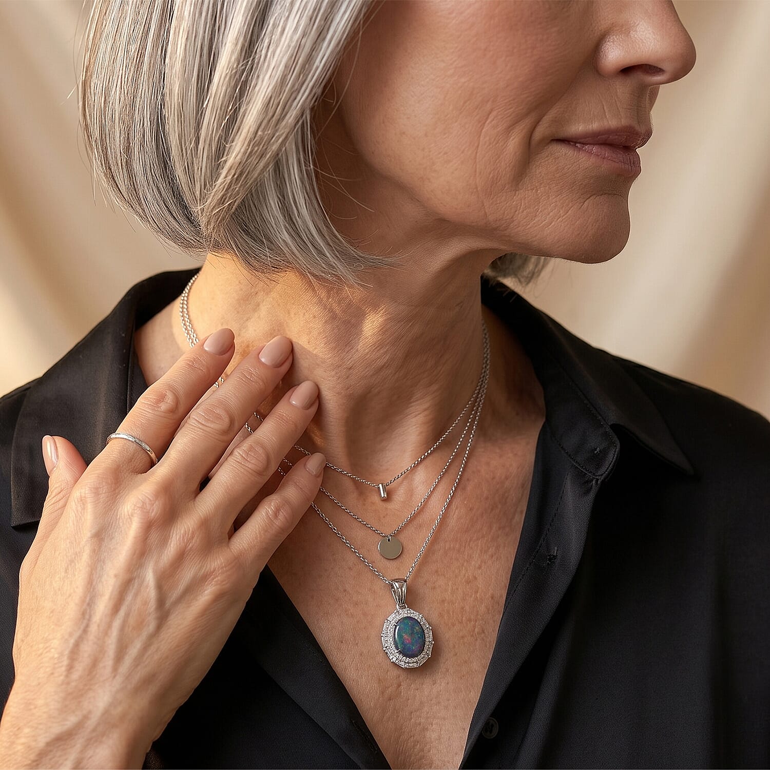 D'Joy Premium Australian Black Ridge Opal Triplet and Moissanite 2.30 ctw Astral Crown Pendant Necklace in Rhodium Over Sterling Silver 20 Inches