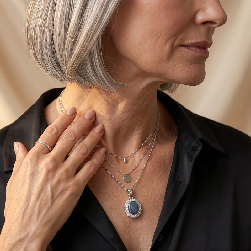 D'Joy Premium Australian Black Ridge Opal Triplet and Moissanite 2.30 ctw Astral Crown Pendant Necklace in Rhodium Over Sterling Silver 20 Inches
