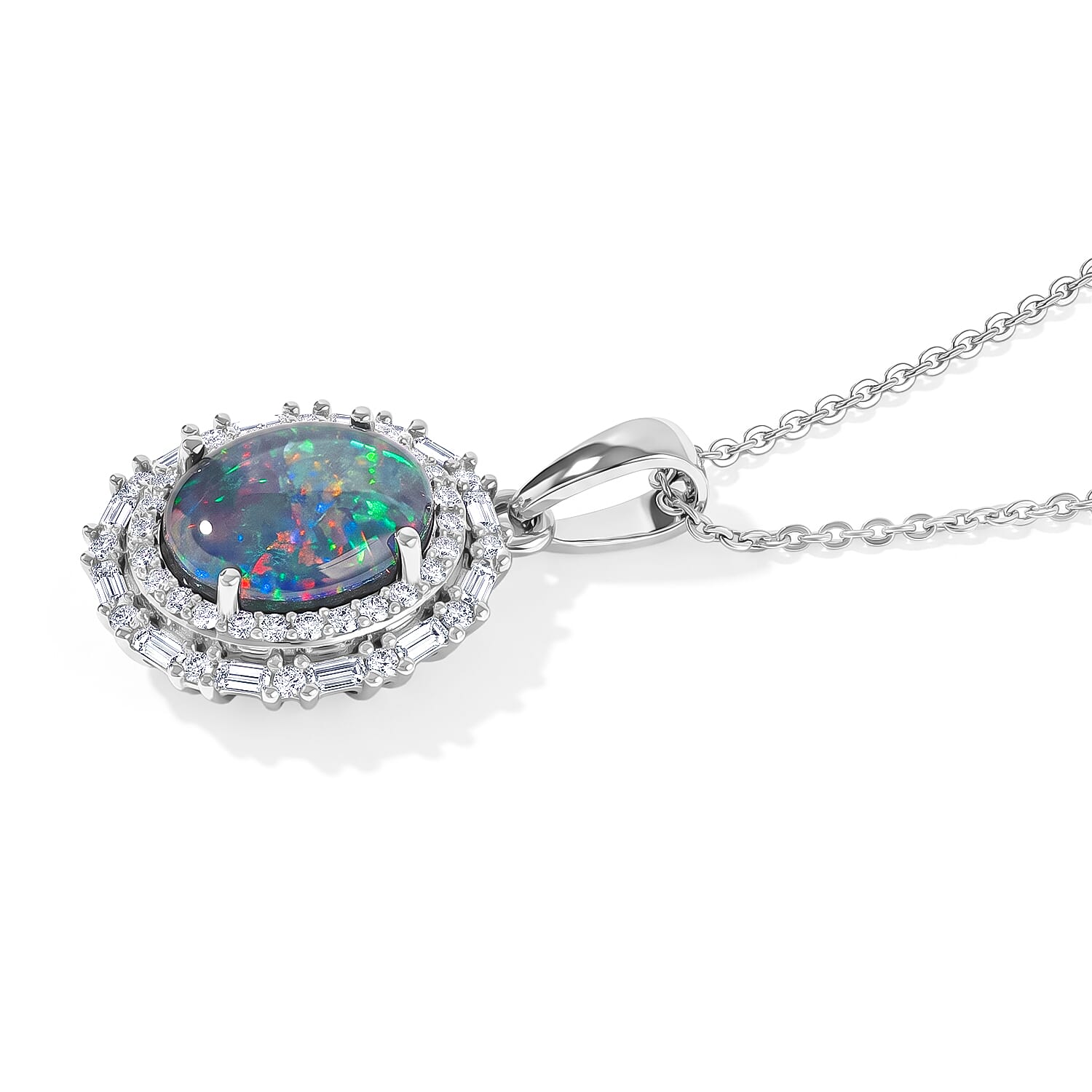 D'Joy Premium Australian Black Ridge Opal Triplet and Moissanite 2.30 ctw Astral Crown Pendant Necklace in Rhodium Over Sterling Silver 20 Inches