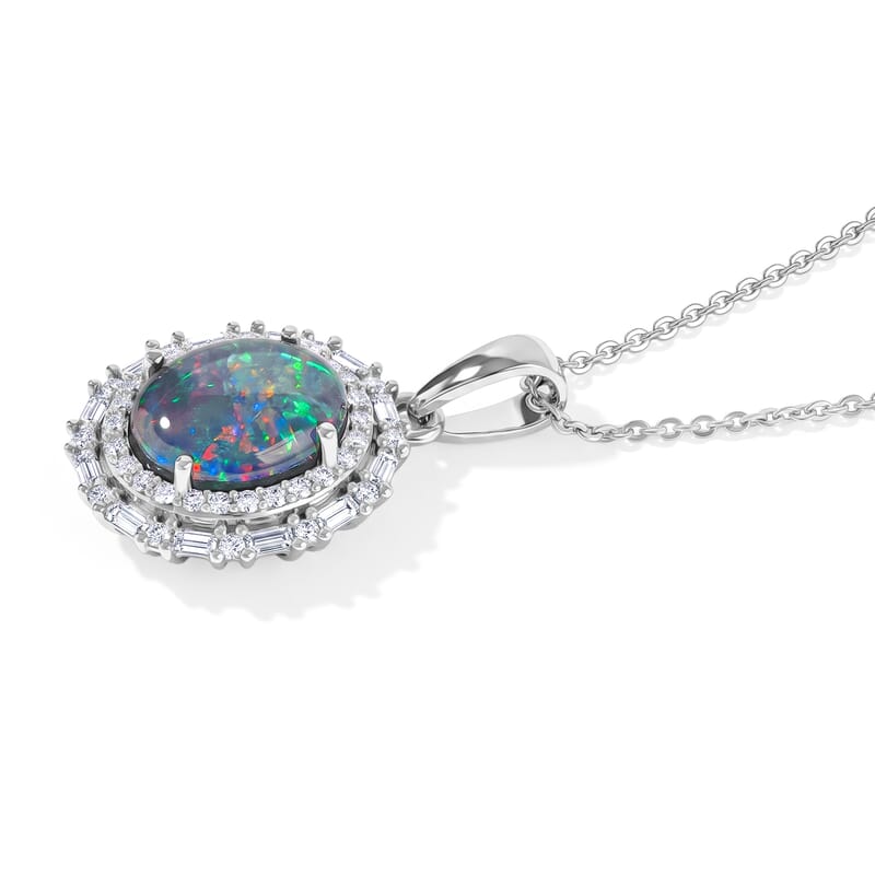 D'Joy Premium Australian Black Ridge Opal Triplet and Moissanite 2.30 ctw Astral Crown Pendant Necklace in Rhodium Over Sterling Silver 20 Inches
