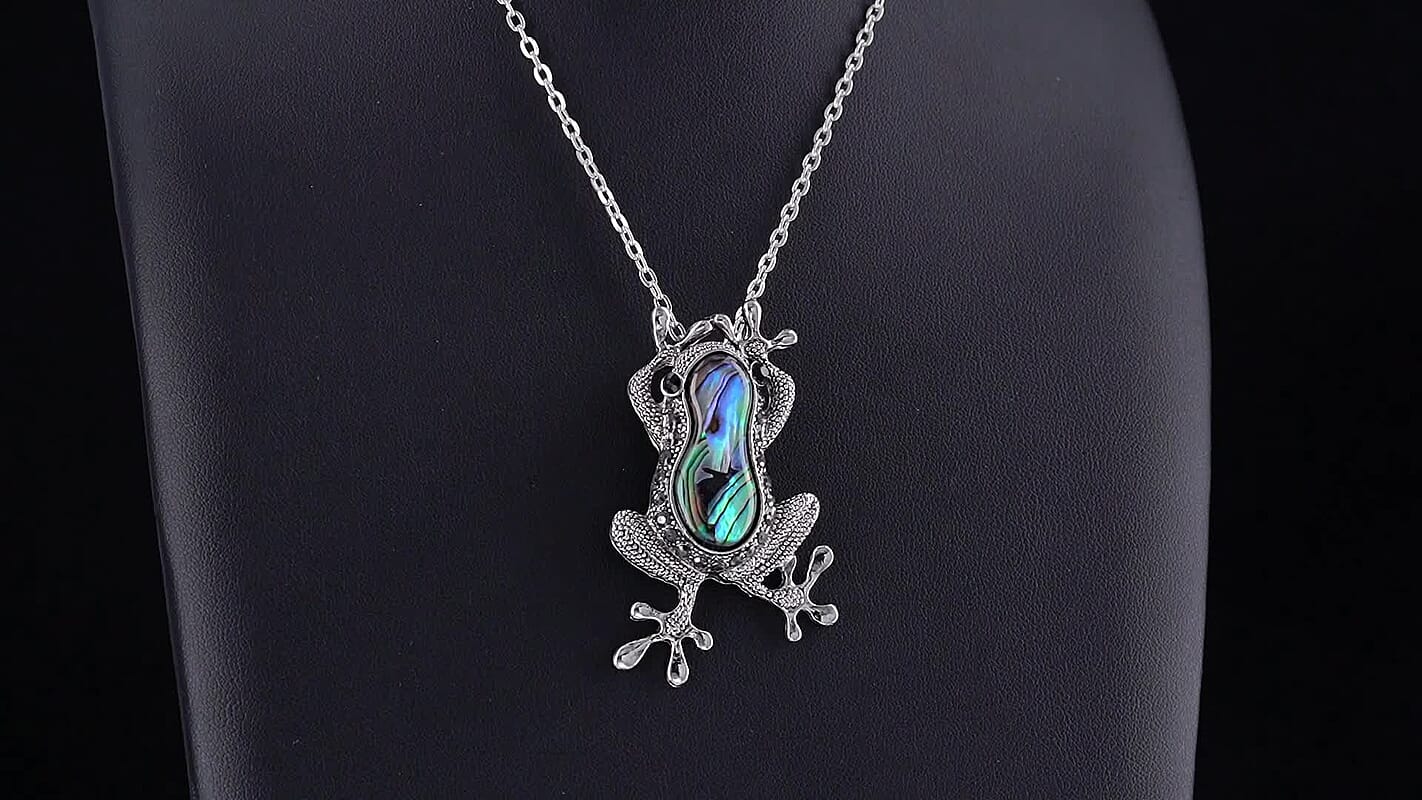 Abalone Shell and Austrian Black Crystal Frog Pendant Necklace in SilverAbalone Shell and Austrian Black Crystal Frog Pendant Necklace in Silvertone 20-22 Inchestone 20-22 Inches