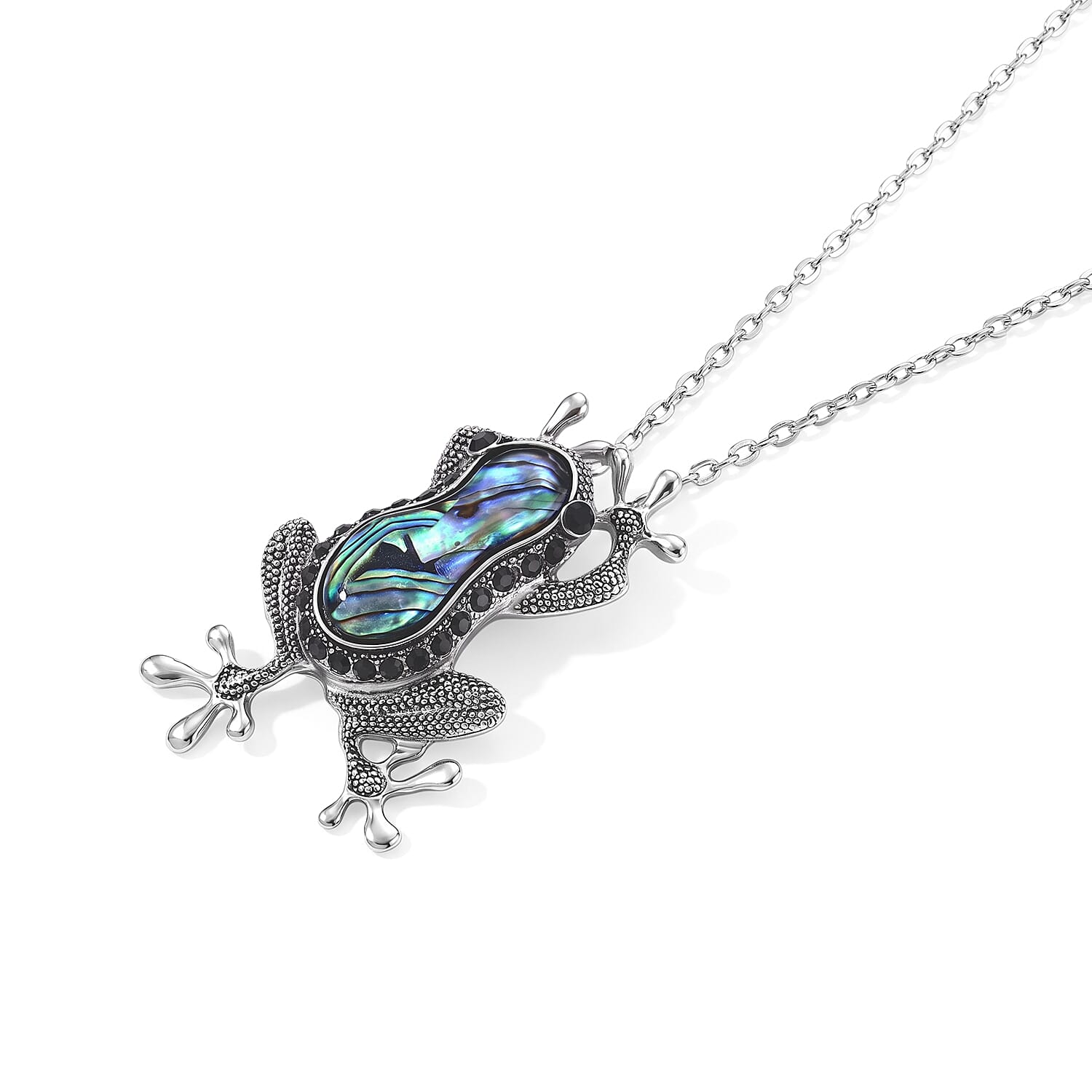 Abalone Shell and Austrian Black Crystal Frog Pendant Necklace in Silvertone 20-22 Inches