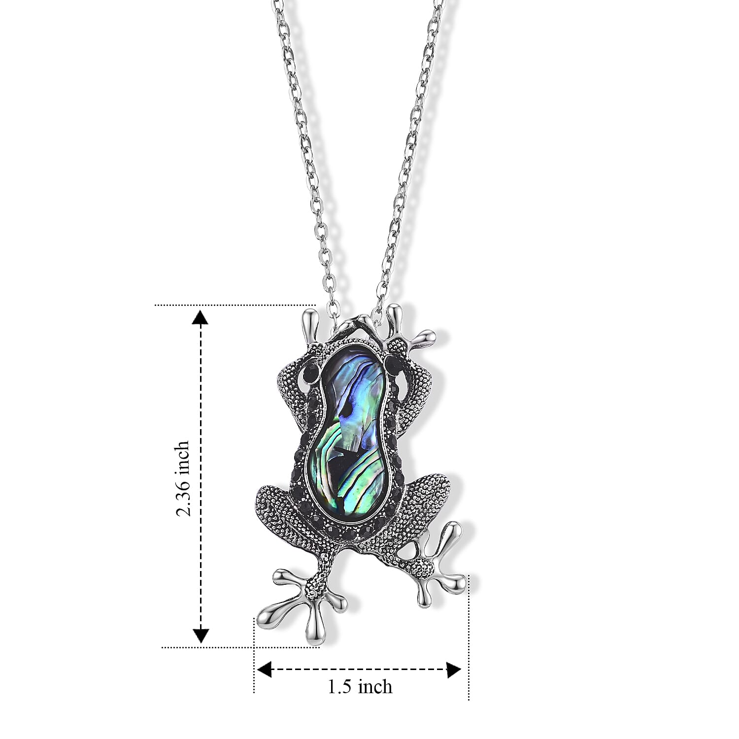Abalone Shell and Austrian Black Crystal Frog Pendant Necklace in Silvertone 20-22 Inches