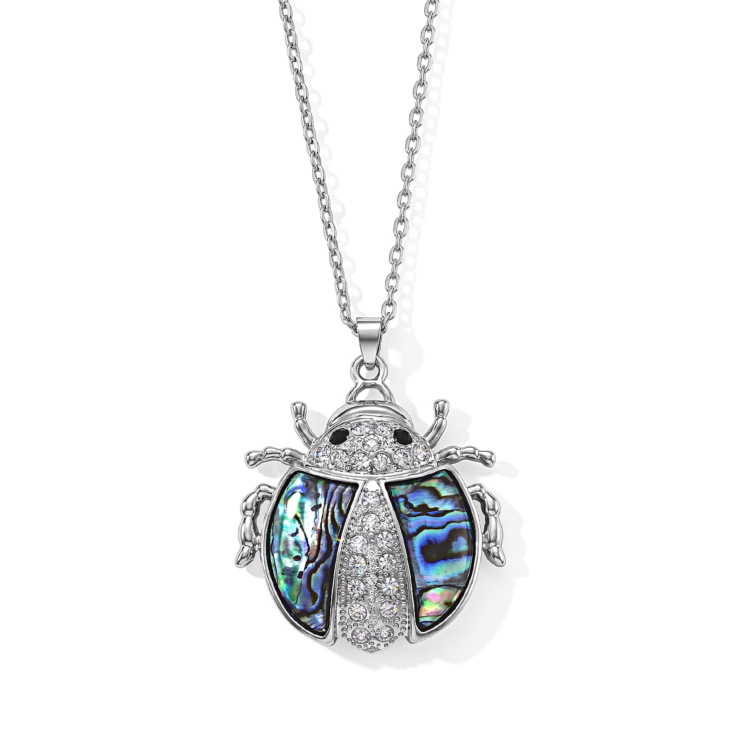 Abalone Shell, Austrian Black and White Crystal Ladybug Pendant Necklace in Silvertone 20-22 Inche