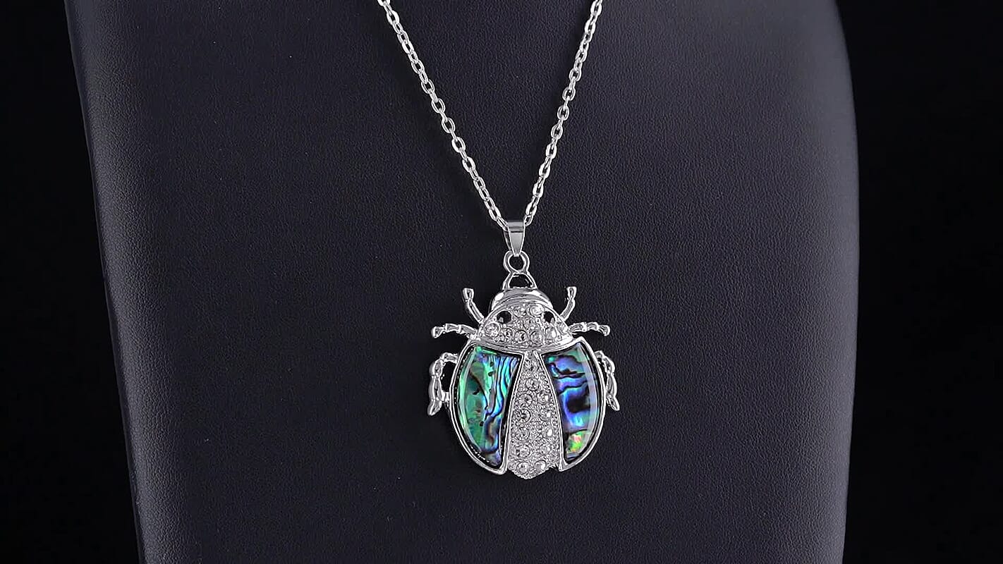 Abalone Shell, Austrian Black and White Crystal Ladybug Pendant Necklace in Silvertone 20-22 Inche