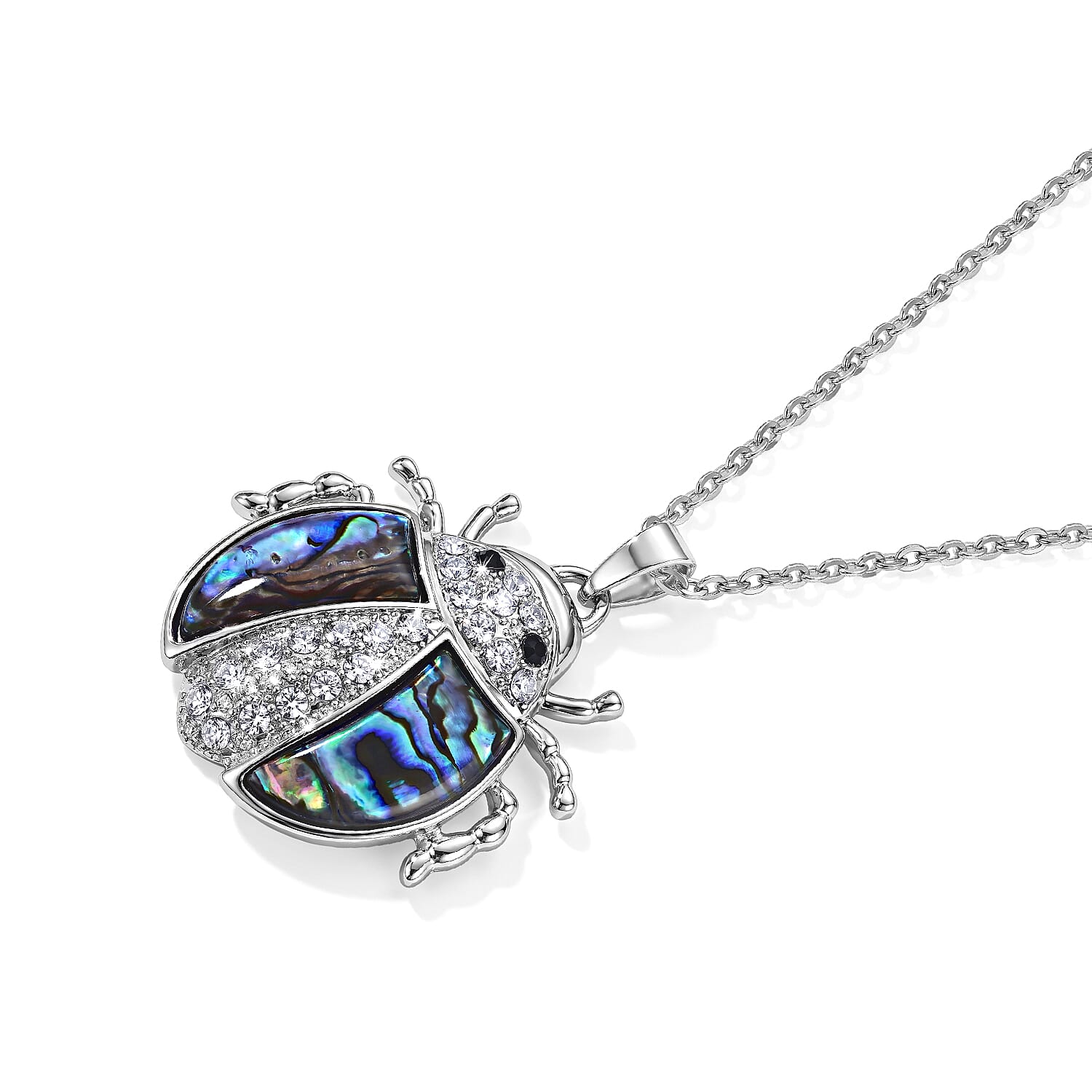 Abalone Shell, Austrian Black and White Crystal Ladybug Pendant Necklace in Silvertone 20-22 Inche