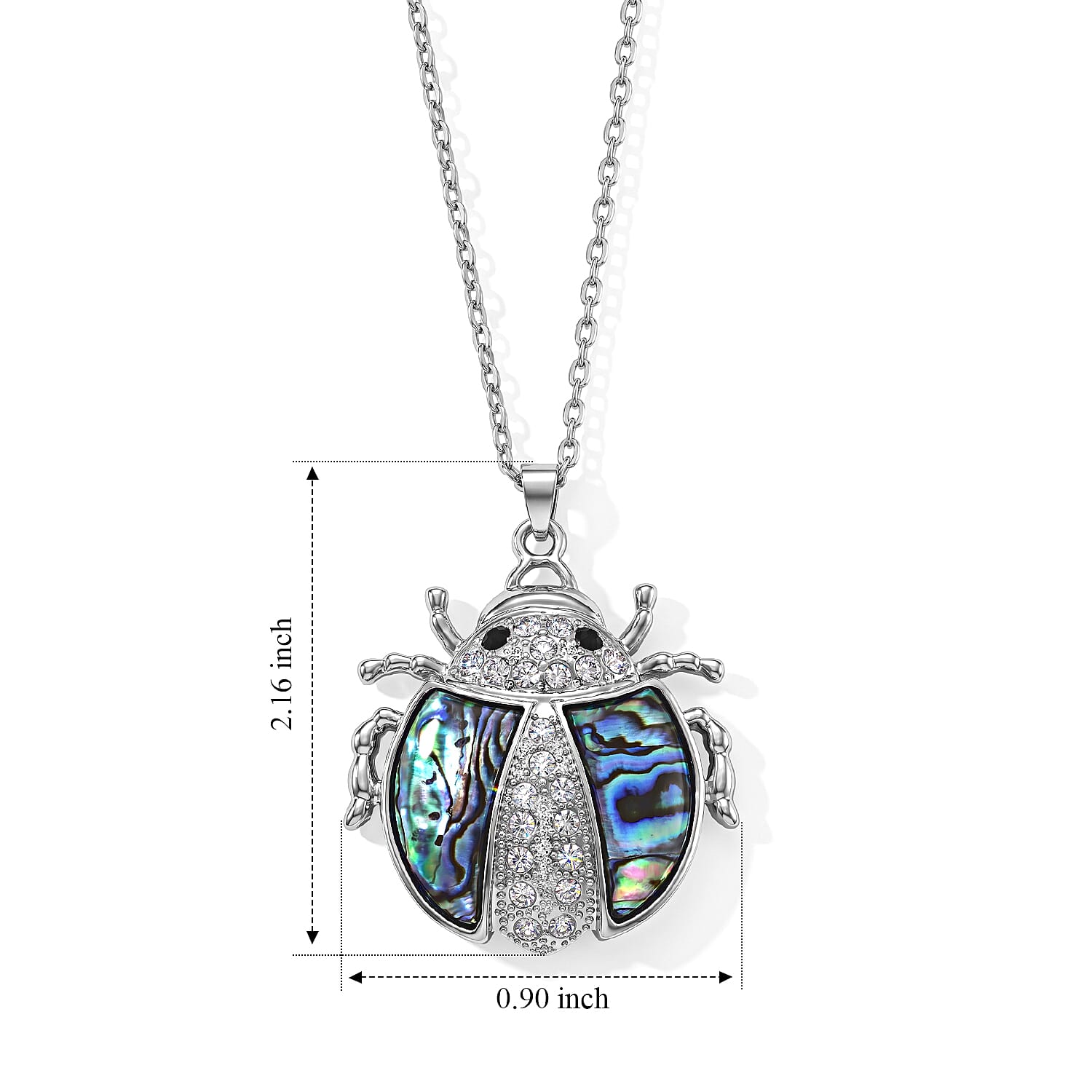 Abalone Shell, Austrian Black and White Crystal Ladybug Pendant Necklace in Silvertone 20-22 Inche