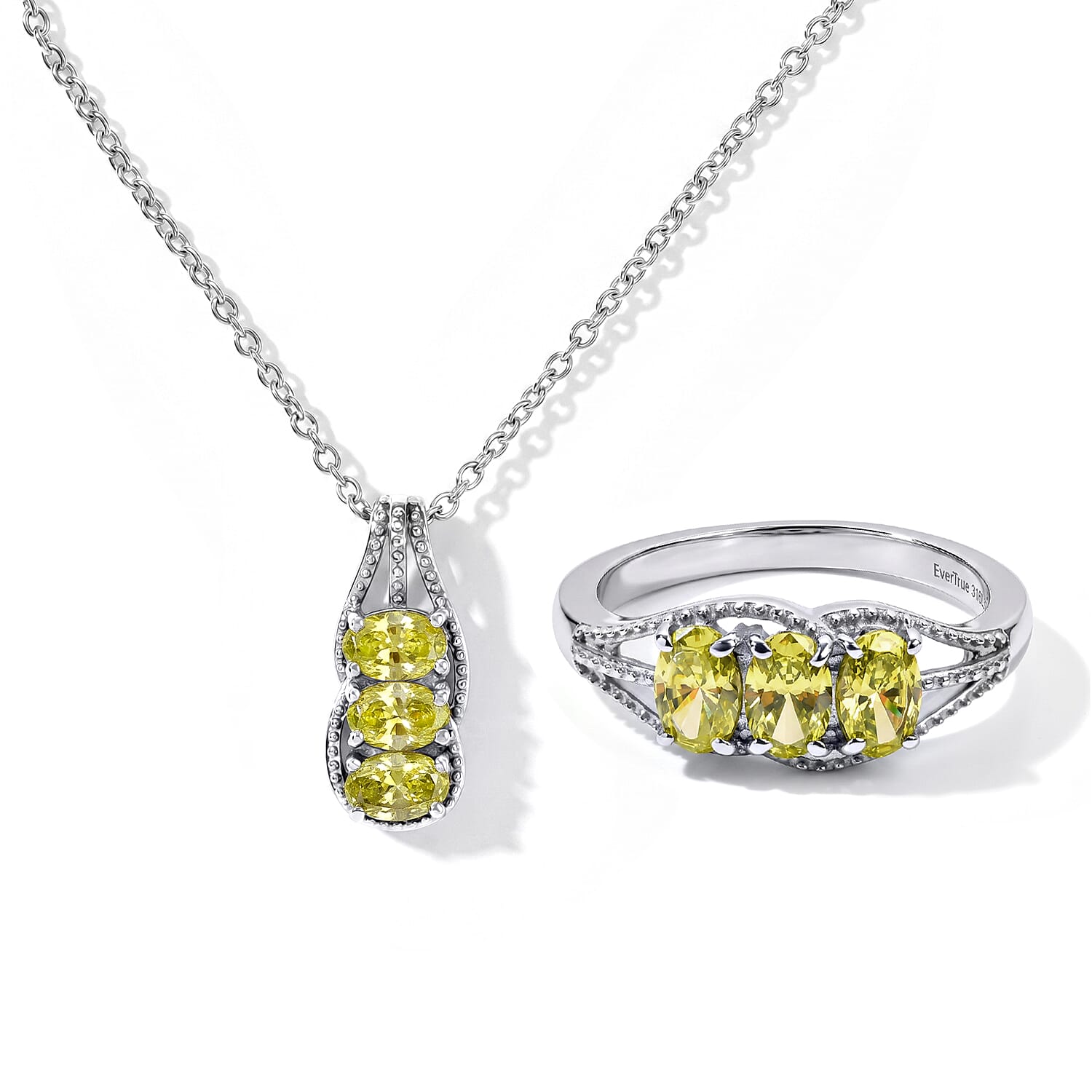 EverTrue Simulated Lime Diamond Ring (Size 5) and Pendant Necklace (20 Inches) in Stainless Steel