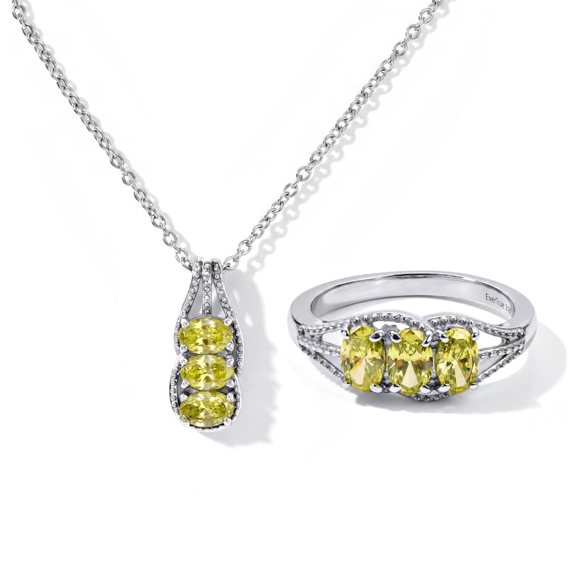 EverTrue Simulated Lime Diamond Ring (Size 5) and Pendant Necklace (20 Inches) in Stainless Steel