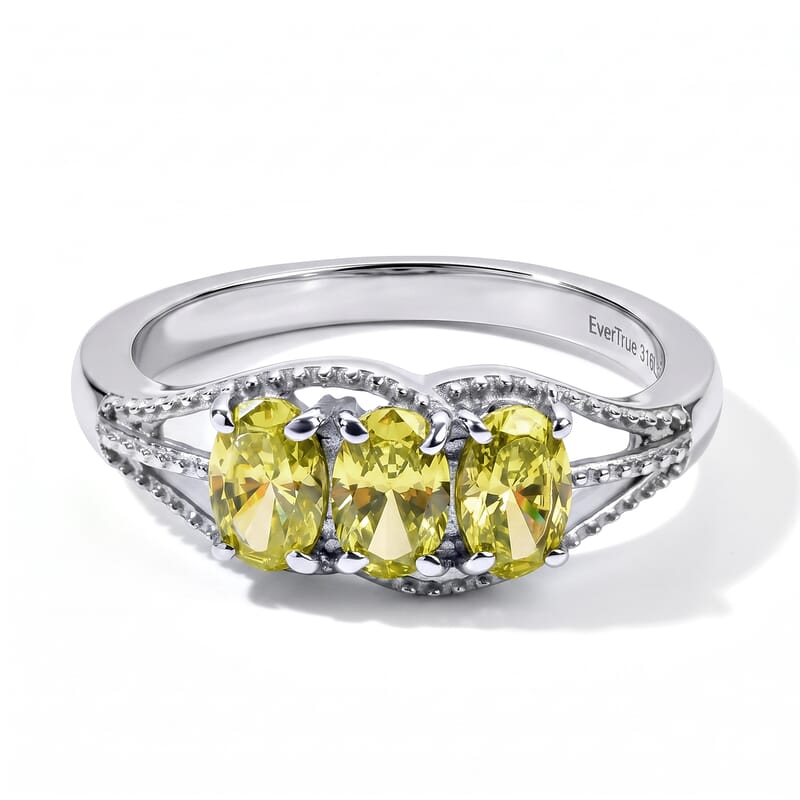 EverTrue Simulated Lime Diamond Ring (Size 5) and Pendant Necklace (20 Inches) in Stainless Steel