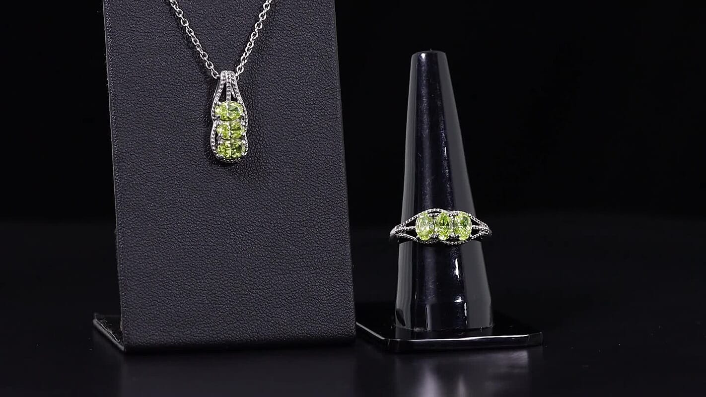 EverTrue Simulated Lime Diamond Ring (Size 5) and Pendant Necklace (20 Inches) in Stainless Steel