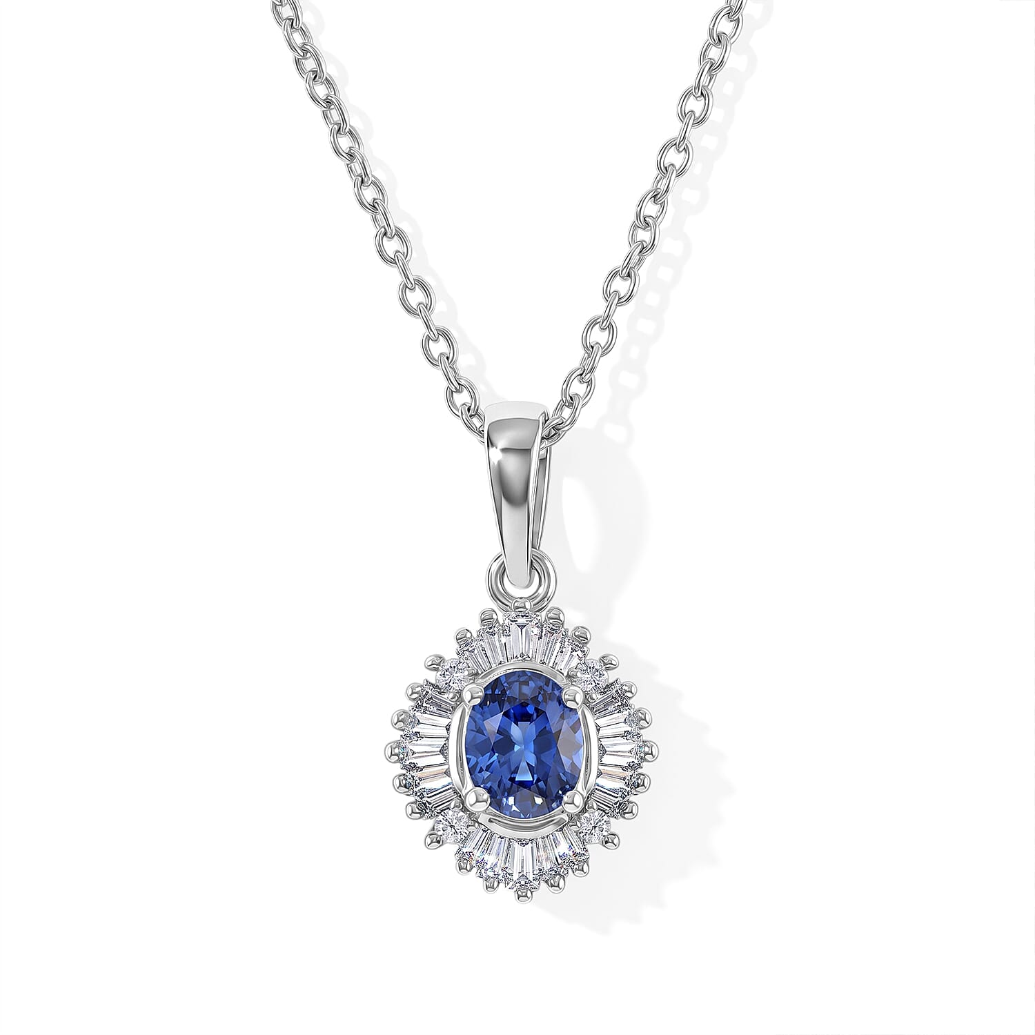 D'Joy Ceylon Blue Sapphire and Diamond 0.60 ctw Pendant Necklace in Rhodium Over Sterling Silver 20 Inches
