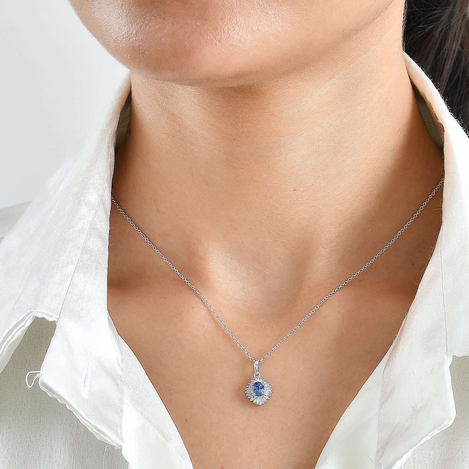 D'Joy Ceylon Blue Sapphire and Diamond 0.60 ctw Pendant Necklace in Rhodium Over Sterling Silver 20 Inches