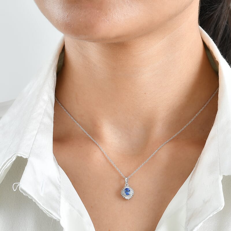 D'Joy Ceylon Blue Sapphire and Diamond 0.60 ctw Pendant Necklace in Rhodium Over Sterling Silver 20 Inches