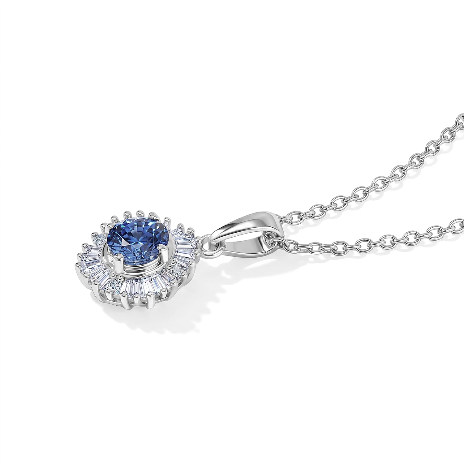 D'Joy Ceylon Blue Sapphire and Diamond 0.60 ctw Pendant Necklace in Rhodium Over Sterling Silver 20 Inches