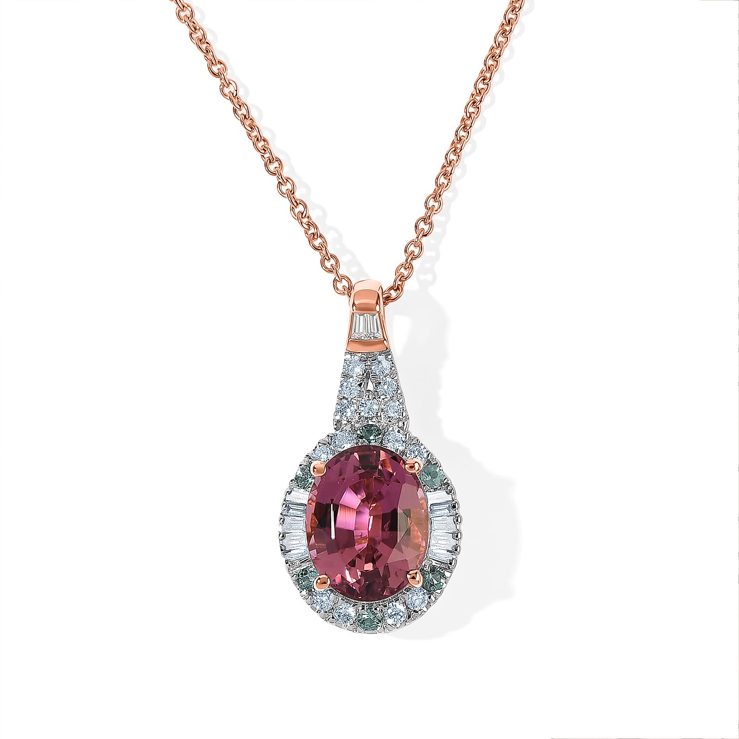 Certified and Appraised Luxoro AAA Pink Tourmaline, Paraiba Tourmaline and Diamond I2 2.66 ctw Pendant Necklace in 10K Rose Gold (18 Inches)