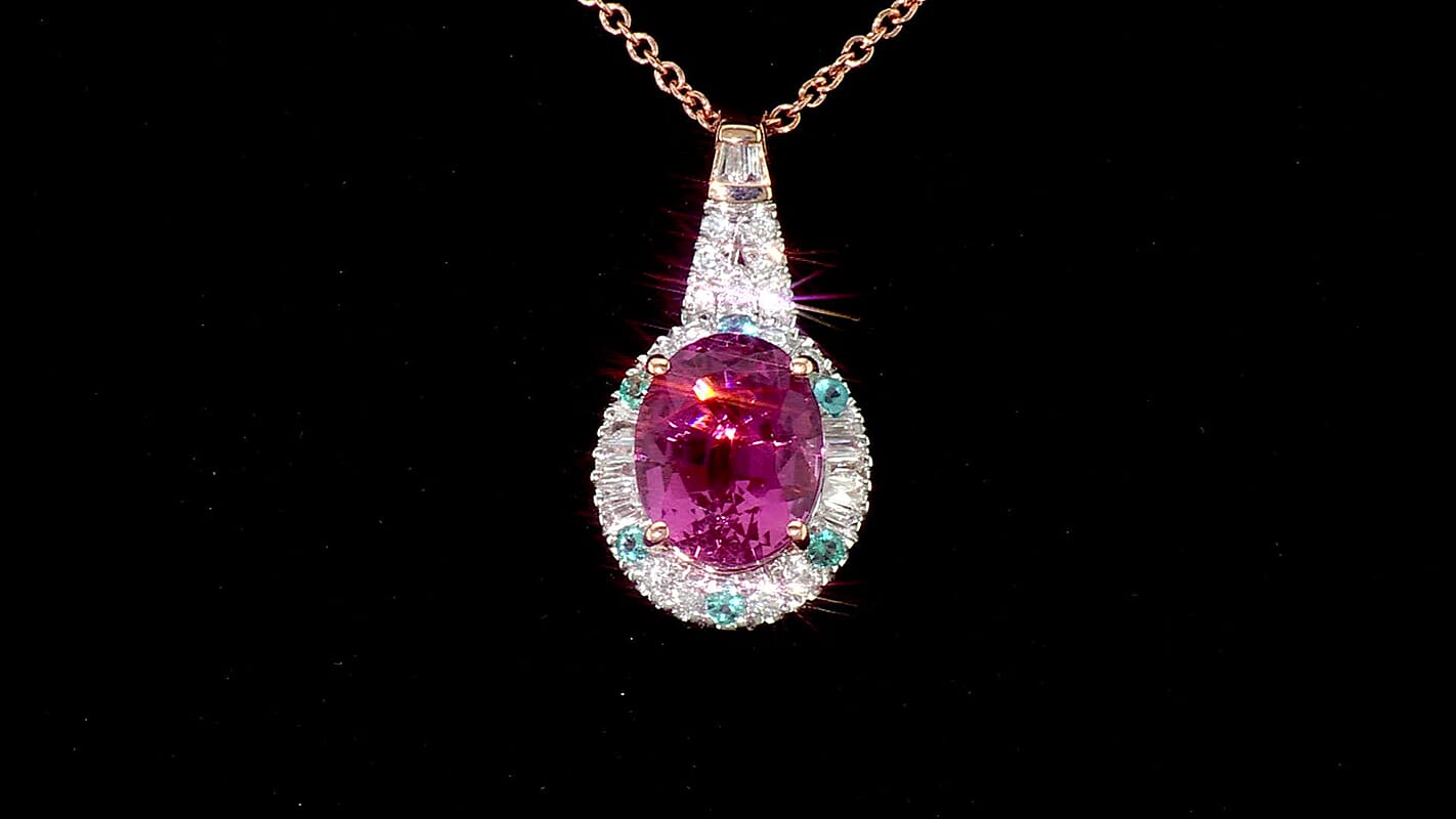Certified and Appraised Luxoro 10K Rose Gold AAA Pink Tourmaline, Paraiba Tourmaline and Diamond (I2) (0.25 cts) Pendant Necklace (18 Inches) 2.66 ctw
