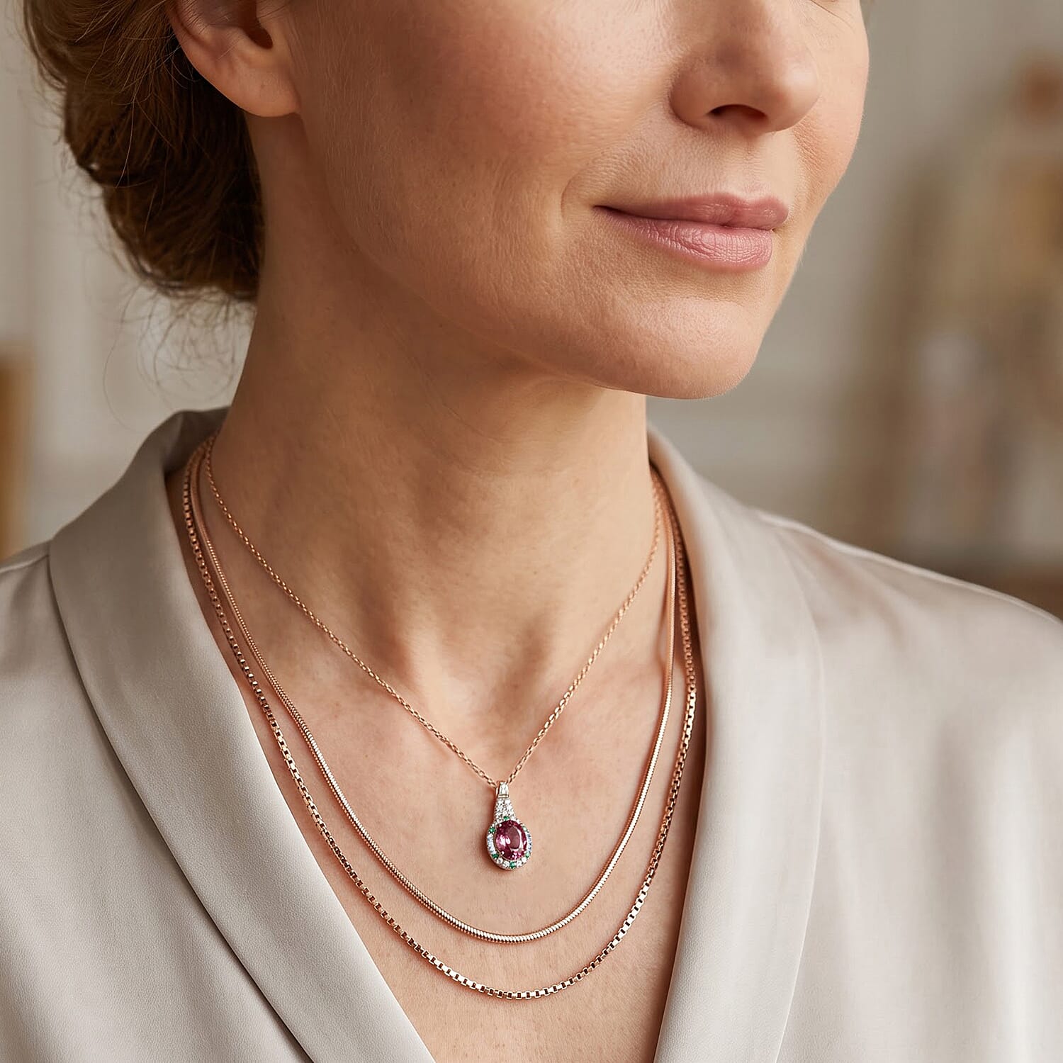 Certified and Appraised Luxoro AAA Pink Tourmaline, Paraiba Tourmaline and Diamond I2 2.66 ctw Pendant Necklace in 10K Rose Gold (18 Inches)