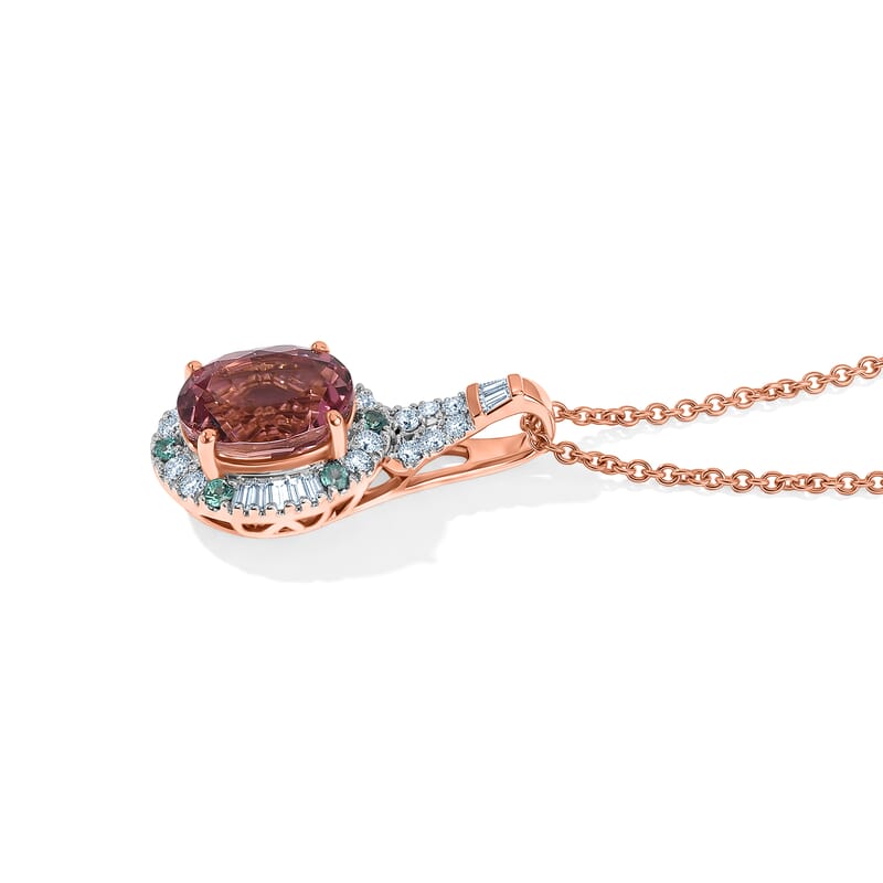 Certified and Appraised Luxoro AAA Pink Tourmaline, Paraiba Tourmaline and Diamond I2 2.66 ctw Pendant Necklace in 10K Rose Gold (18 Inches)