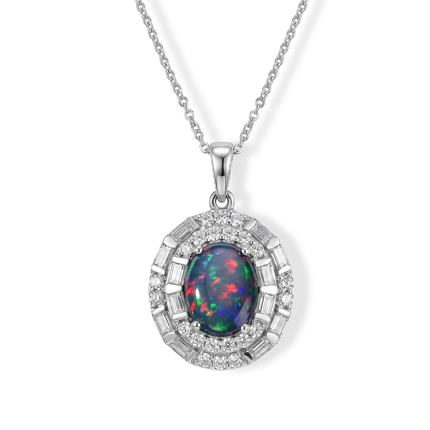 Certified and Appraised D''Joy Premium Australian Black Ridge Opal Triplet, Moissanite Pendant Necklace (18 Inches) in Rhodium Over Sterling Silver 2.50 ctw