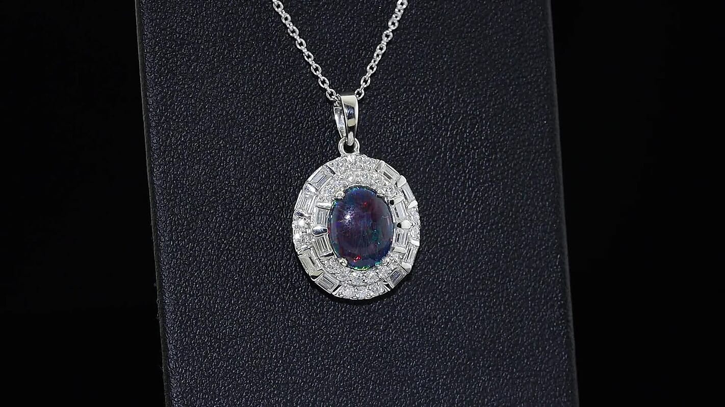 Certified and Appraised D''Joy Premium Australian Black Ridge Opal Triplet, Moissanite Pendant Necklace (18 Inches) in Rhodium Over Sterling Silver 2.50 ctw