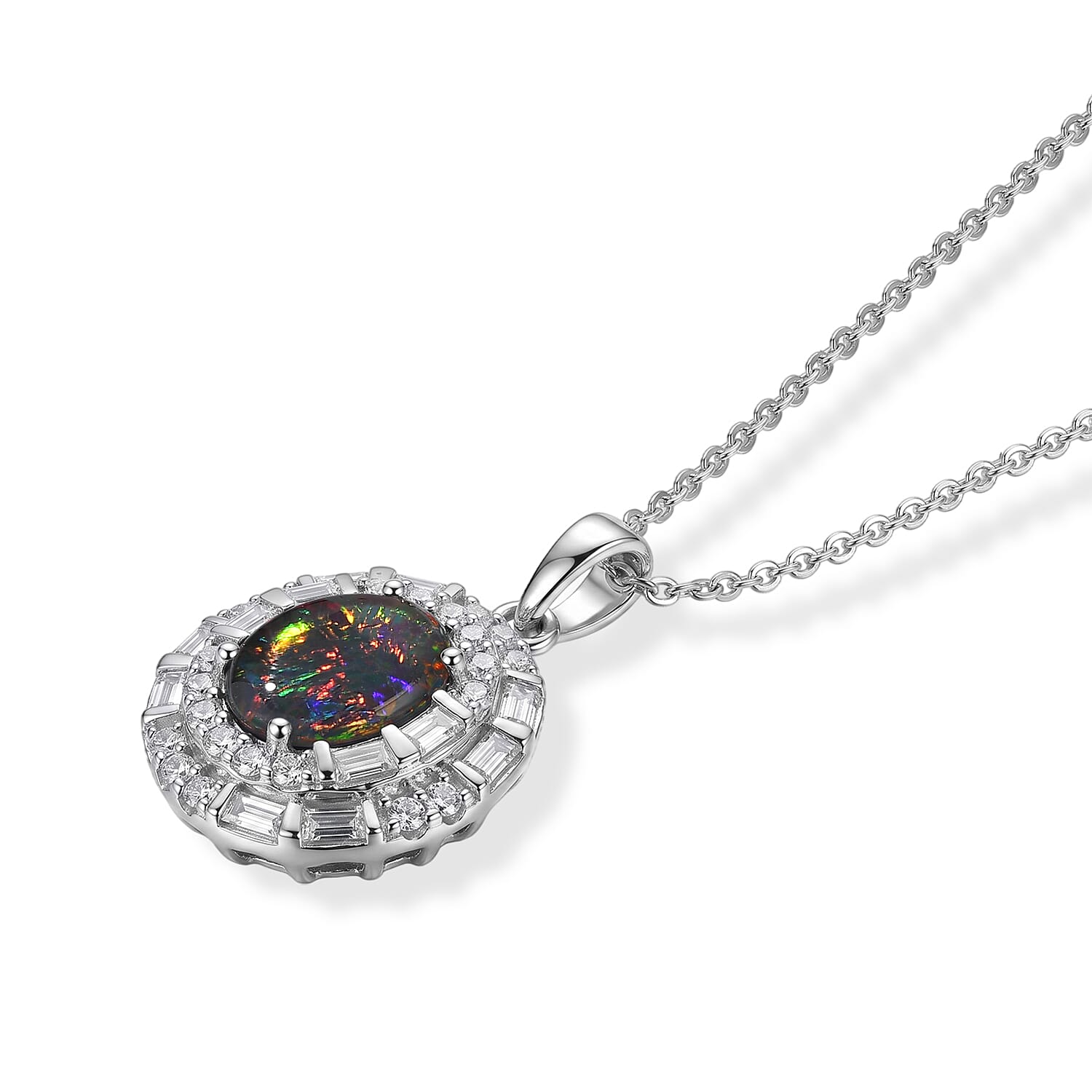 Certified and Appraised D'Joy Premium Australian Black Ridge Opal Triplet and Moissanite 2.50 ctw Pendant Necklace in Rhodium Over Sterling Silver (18 Inches)