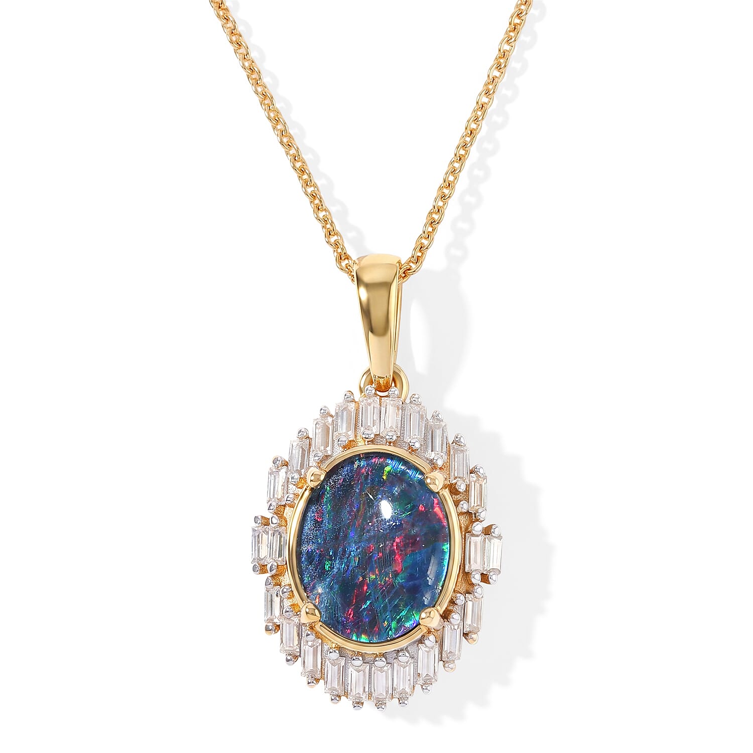 D''Joy Premium Australian Black Ridge Opal Triplet, Moissanite Imperial Starlight Pendant Necklace (20 Inches) in 18K Vermeil YG Over Sterling Silver 1.70 ctw