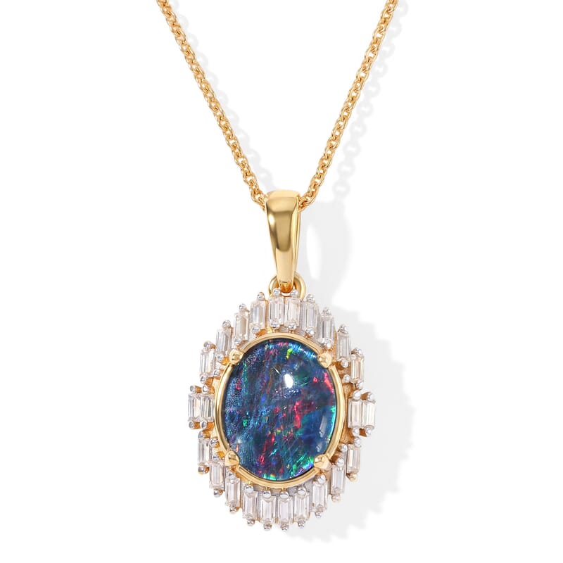 D'Joy Premium Australian Black Ridge Opal Triplet and Moissanite 1.70 ctw Imperial Starlight Pendant Necklace in 18K Vermeil Yellow Gold Over Sterling Silver 20 Inches