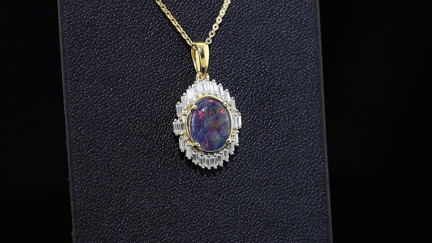 D''Joy Premium Australian Black Ridge Opal Triplet, Moissanite Imperial Starlight Pendant Necklace (20 Inches) in 18K Vermeil YG Over Sterling Silver 1.70 ctw