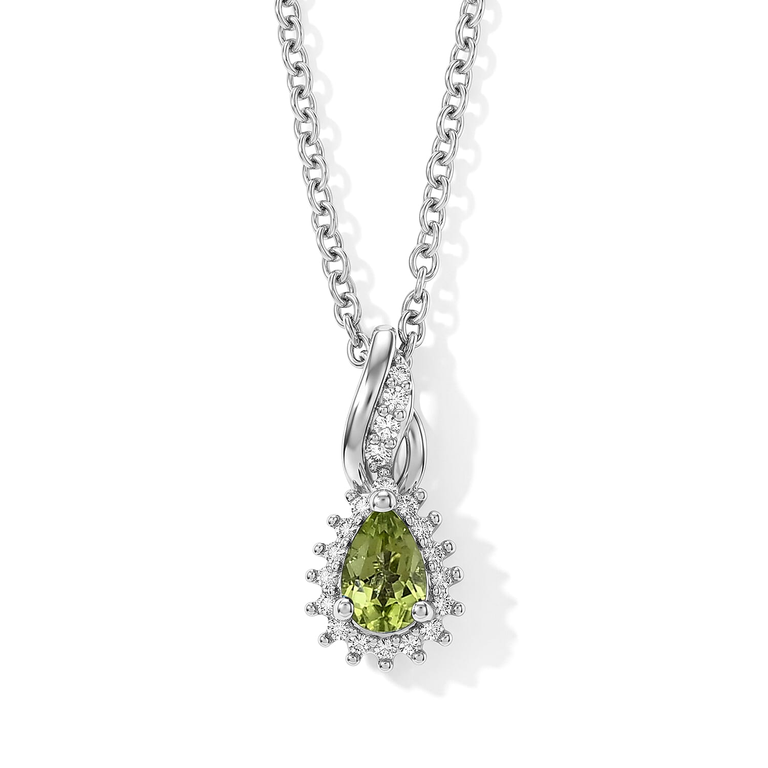 EverTrue Hebei Peridot and Simulated Diamond 0.60 ctw Pendant in Platinum Bond with Stainless Steel Necklace 20 Inches
