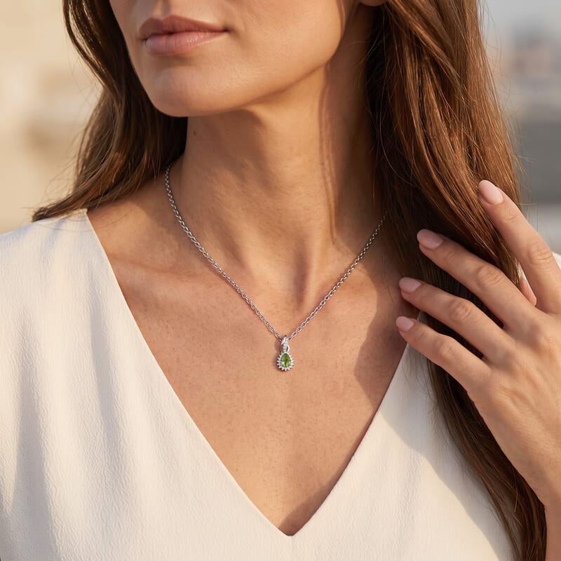 EverTrue Hebei Peridot and Simulated Diamond 0.60 ctw Pendant in Platinum Bond with Stainless Steel Necklace 20 Inches