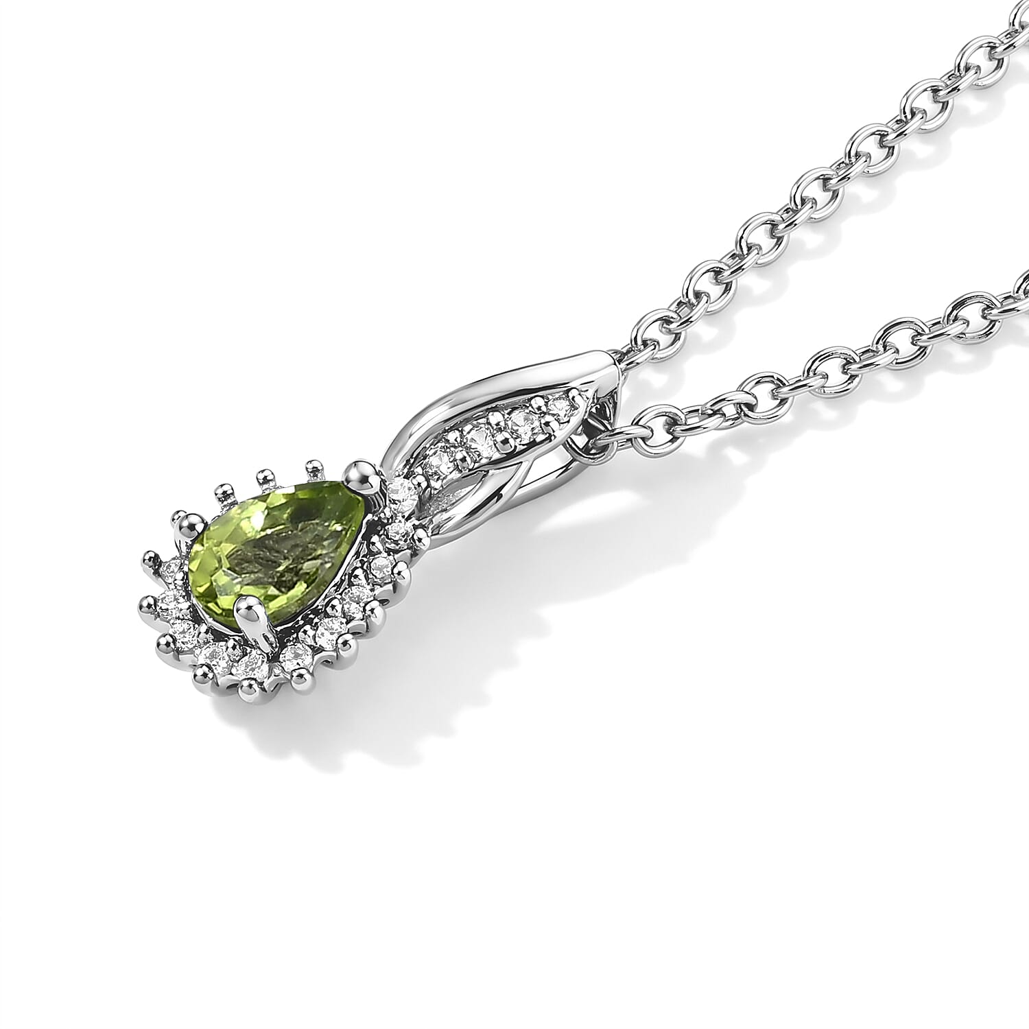 EverTrue Hebei Peridot and Simulated Diamond 0.60 ctw Pendant in Platinum Bond with Stainless Steel Necklace 20 Inches