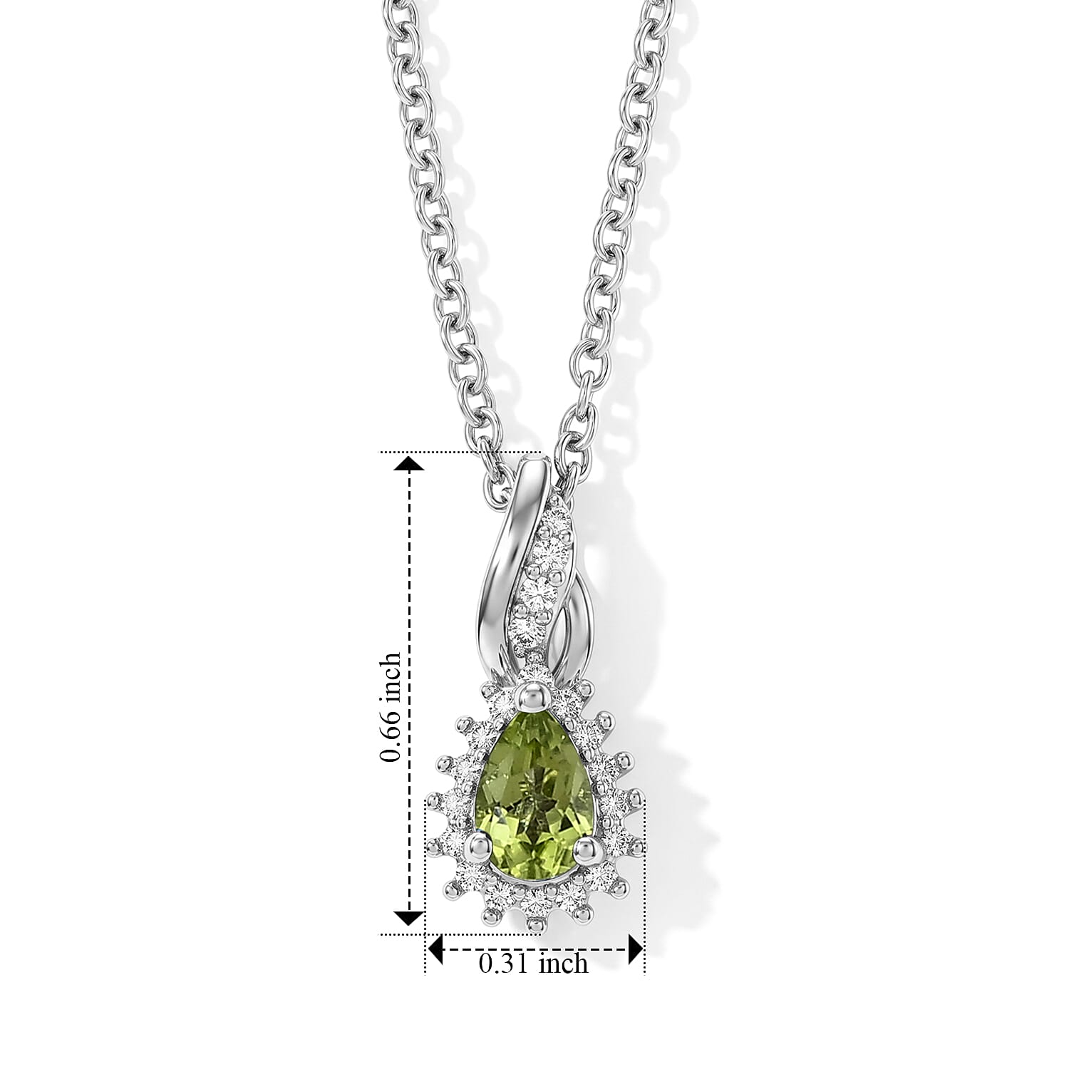 EverTrue Hebei Peridot and Simulated Diamond 0.60 ctw Pendant in Platinum Bond with Stainless Steel Necklace 20 Inches