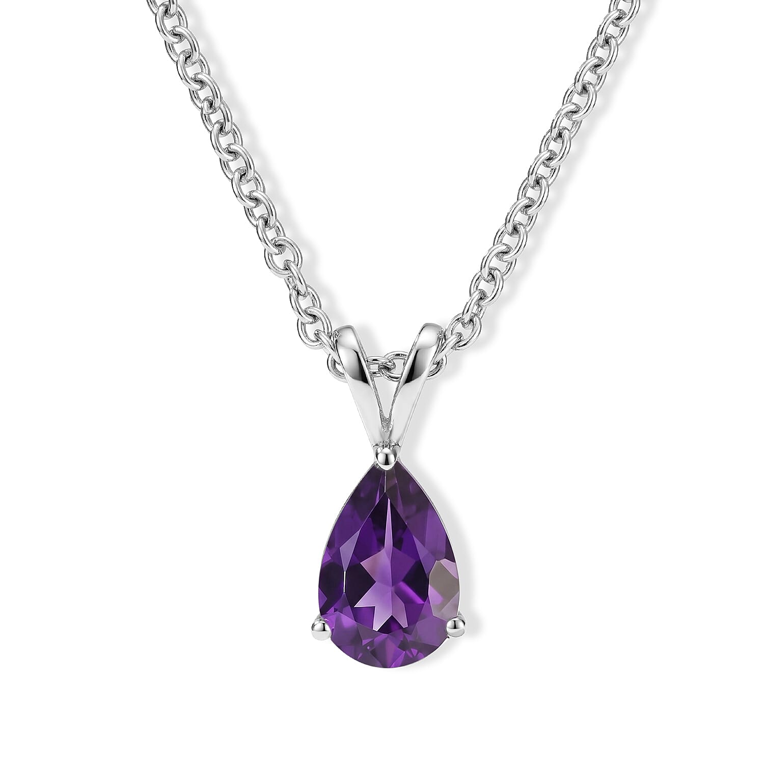 EverTrue African Amethyst 1.20 ctw Pear Solitaire Pendant Necklace in Stainless Steel 20 Inches
