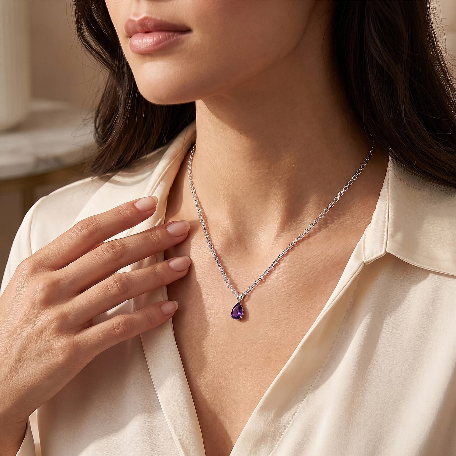EverTrue African Amethyst 1.20 ctw Pear Solitaire Pendant Necklace in Stainless Steel 20 Inches
