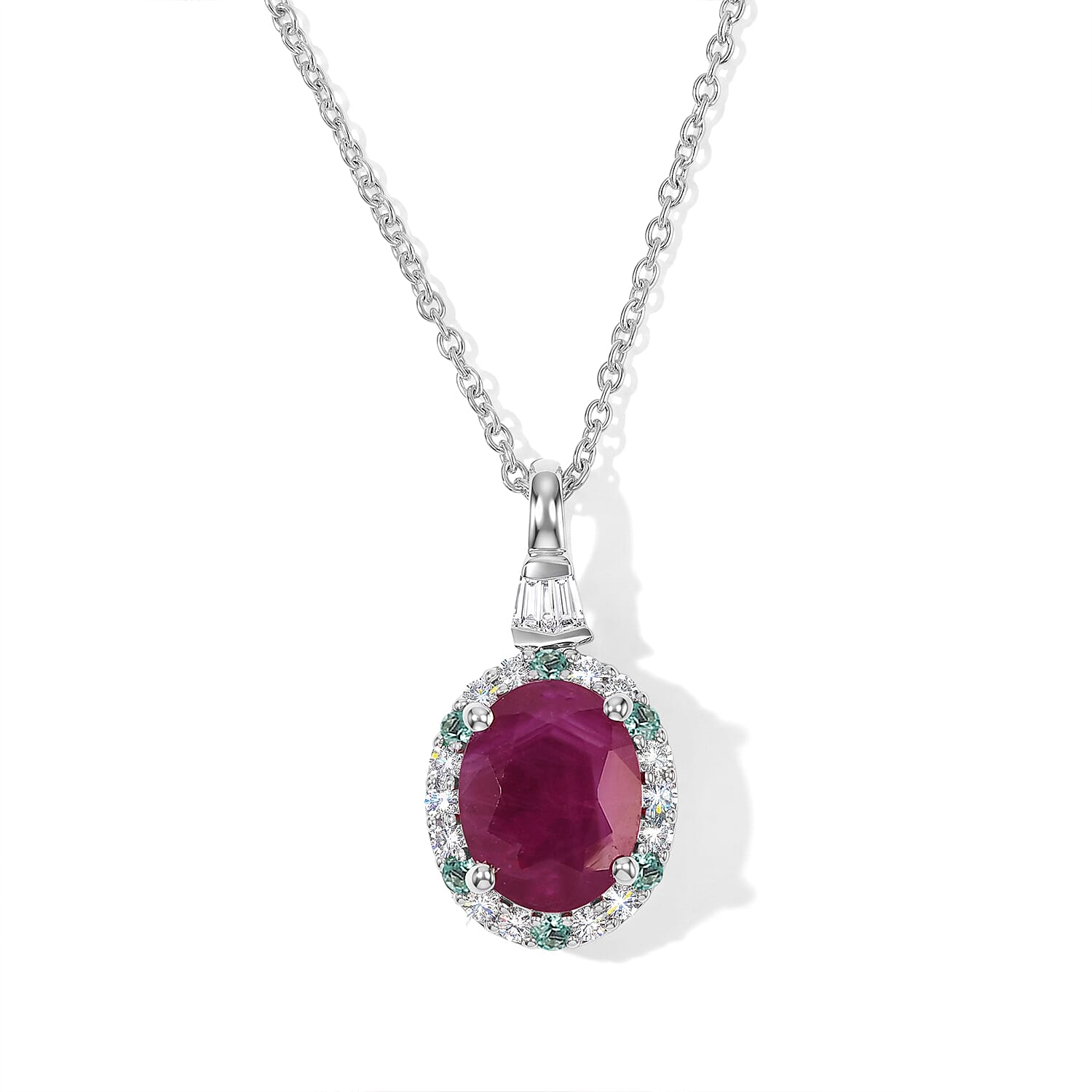TLV Certified and Appraised D''Joy Premium Taveta Ruby, Moissanite and Paraiba Tourmaline Pendant Necklace (18 Inches) in Rhodium Over Sterling Silver 3.22 ctw