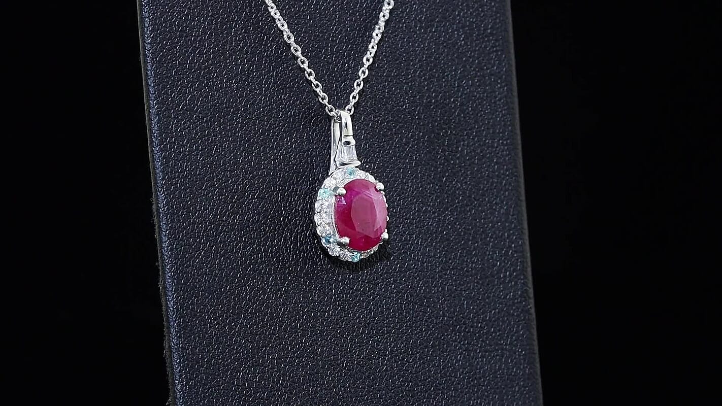 TLV Certified and Appraised D''Joy Premium Taveta Ruby, Moissanite and Paraiba Tourmaline Pendant Necklace (18 Inches) in Rhodium Over Sterling Silver 3.22 ctw