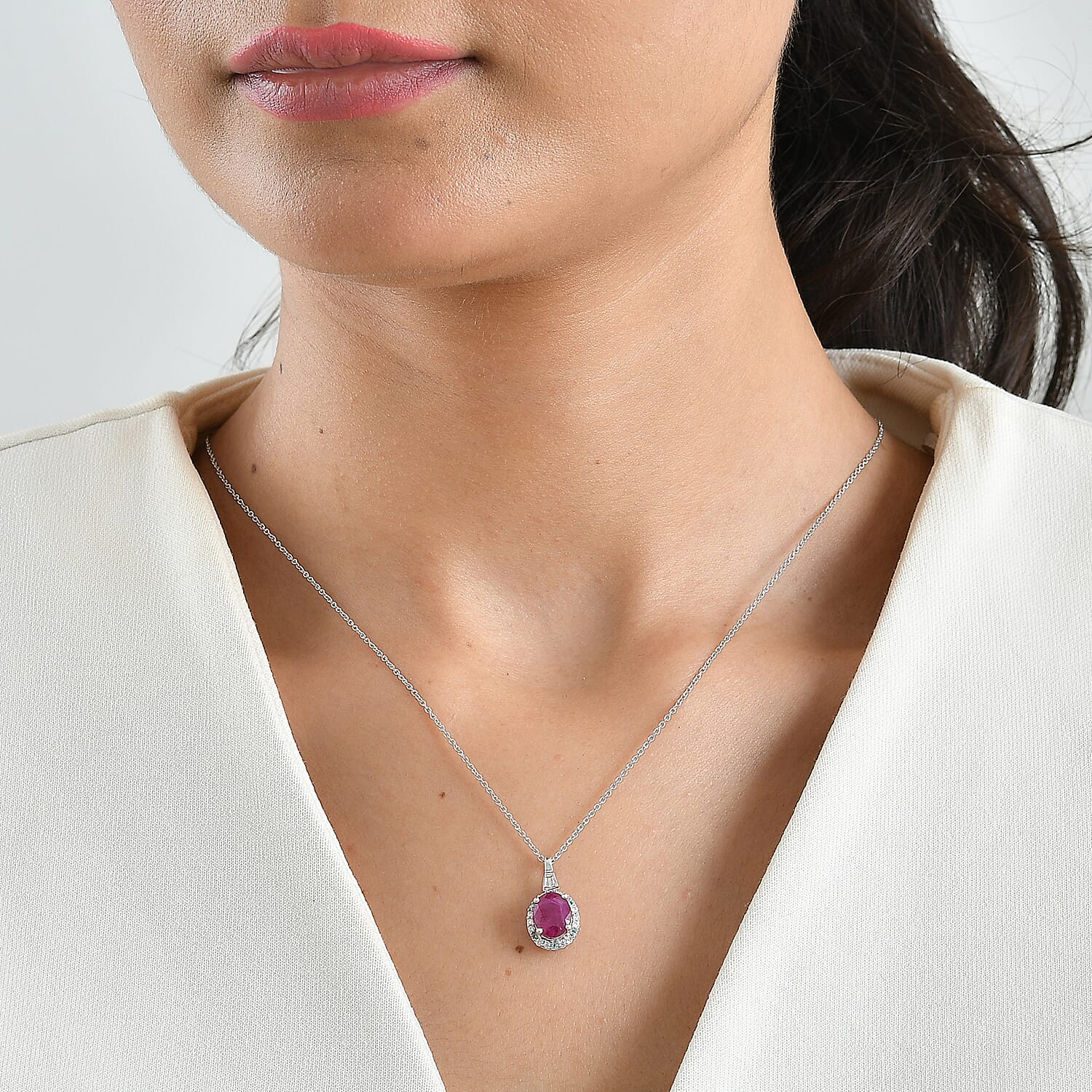 Certified and Appraised D'Joy Premium Taveta Ruby, Moissanite and Paraiba Tourmaline 3.22 ctw Pendant Necklace (18 Inches) in Rhodium Over Sterling Silver