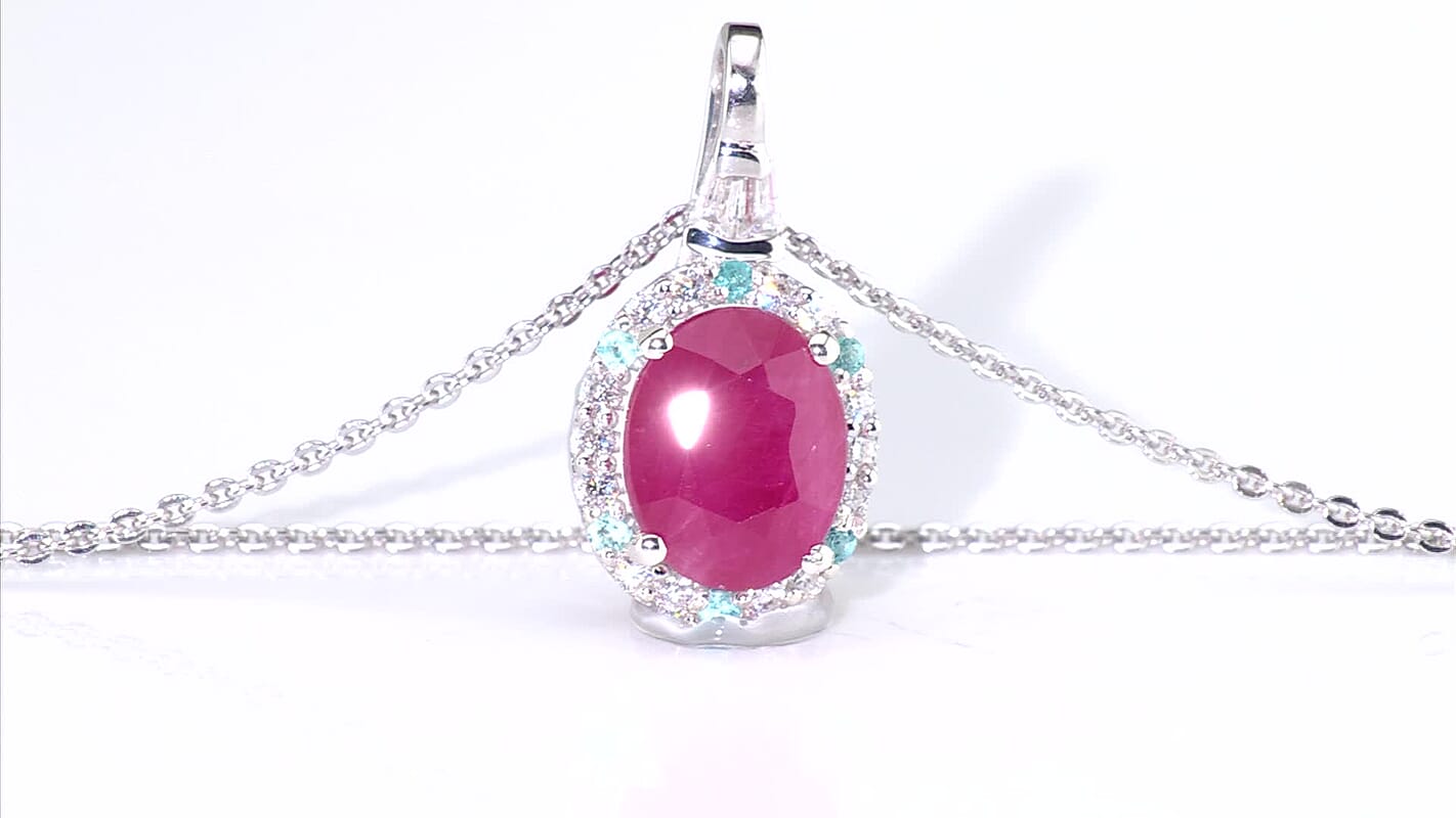 TLV Certified and Appraised D''Joy Premium Taveta Ruby, Moissanite and Paraiba Tourmaline Pendant Necklace (18 Inches) in Rhodium Over Sterling Silver 3.22 ctw