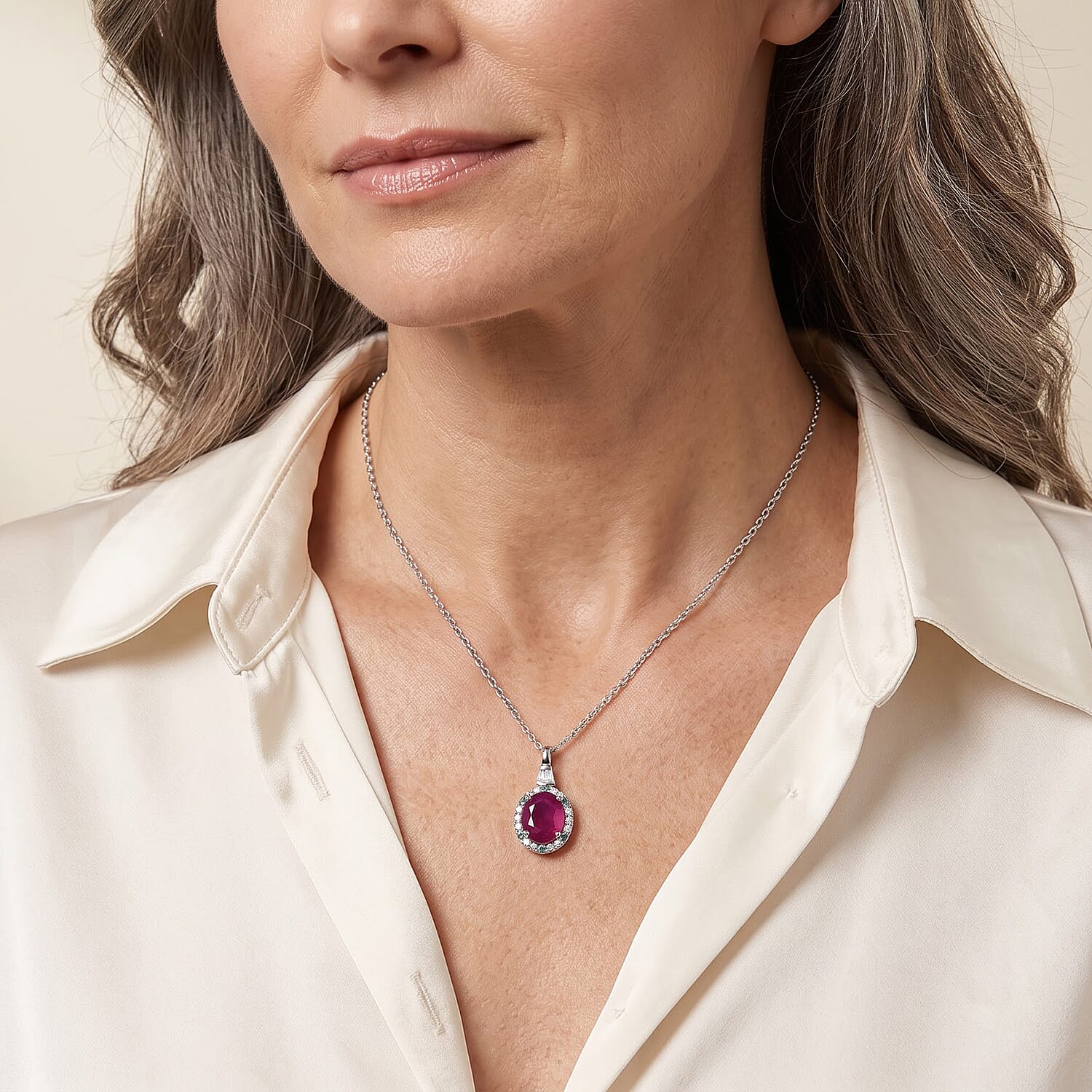 Certified and Appraised D'Joy Premium Taveta Ruby, Moissanite and Paraiba Tourmaline 3.22 ctw Pendant Necklace (18 Inches) in Rhodium Over Sterling Silver