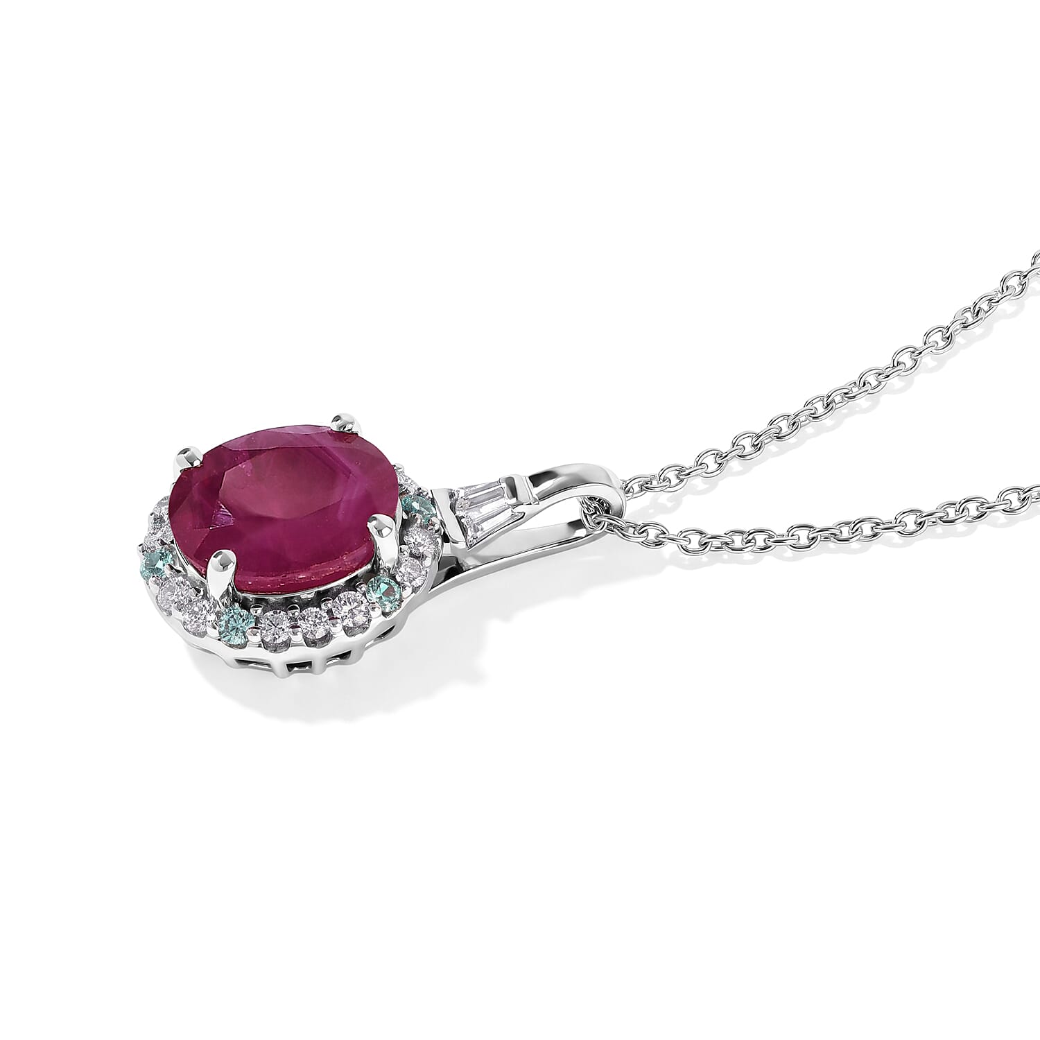 Certified and Appraised D'Joy Premium Taveta Ruby, Moissanite and Paraiba Tourmaline 3.22 ctw Pendant Necklace (18 Inches) in Rhodium Over Sterling Silver
