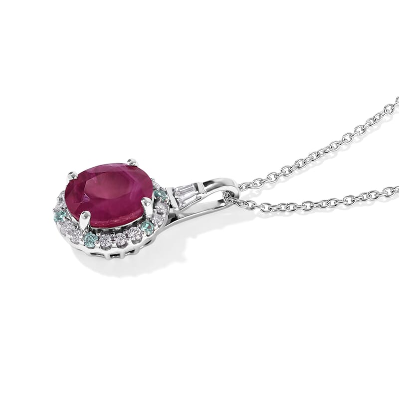 Certified and Appraised D'Joy Premium Taveta Ruby, Moissanite and Paraiba Tourmaline 3.22 ctw Pendant Necklace (18 Inches) in Rhodium Over Sterling Silver
