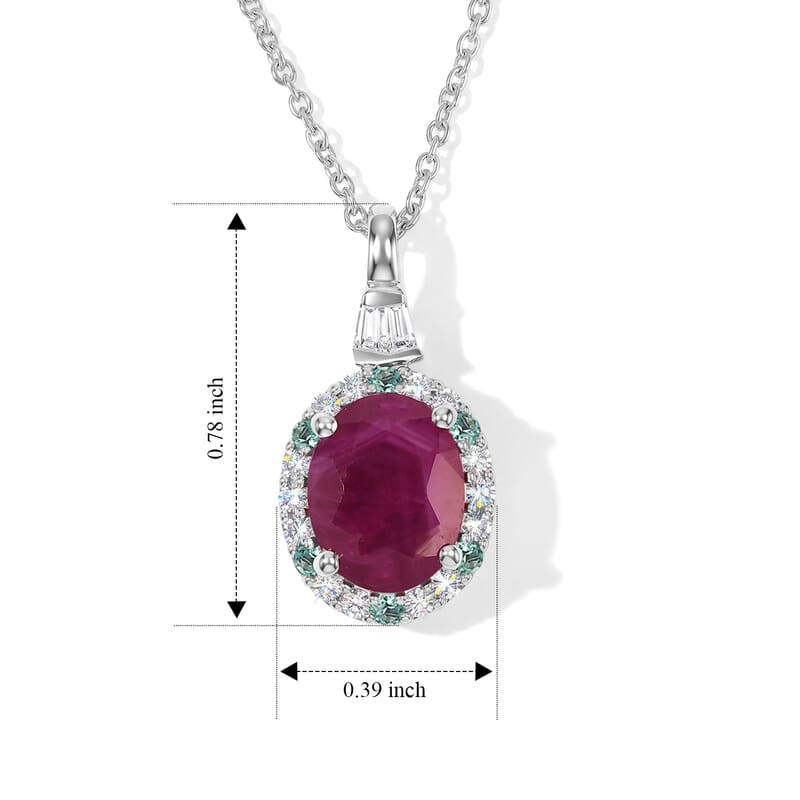 Certified and Appraised D'Joy Premium Taveta Ruby, Moissanite and Paraiba Tourmaline 3.22 ctw Pendant Necklace (18 Inches) in Rhodium Over Sterling Silver