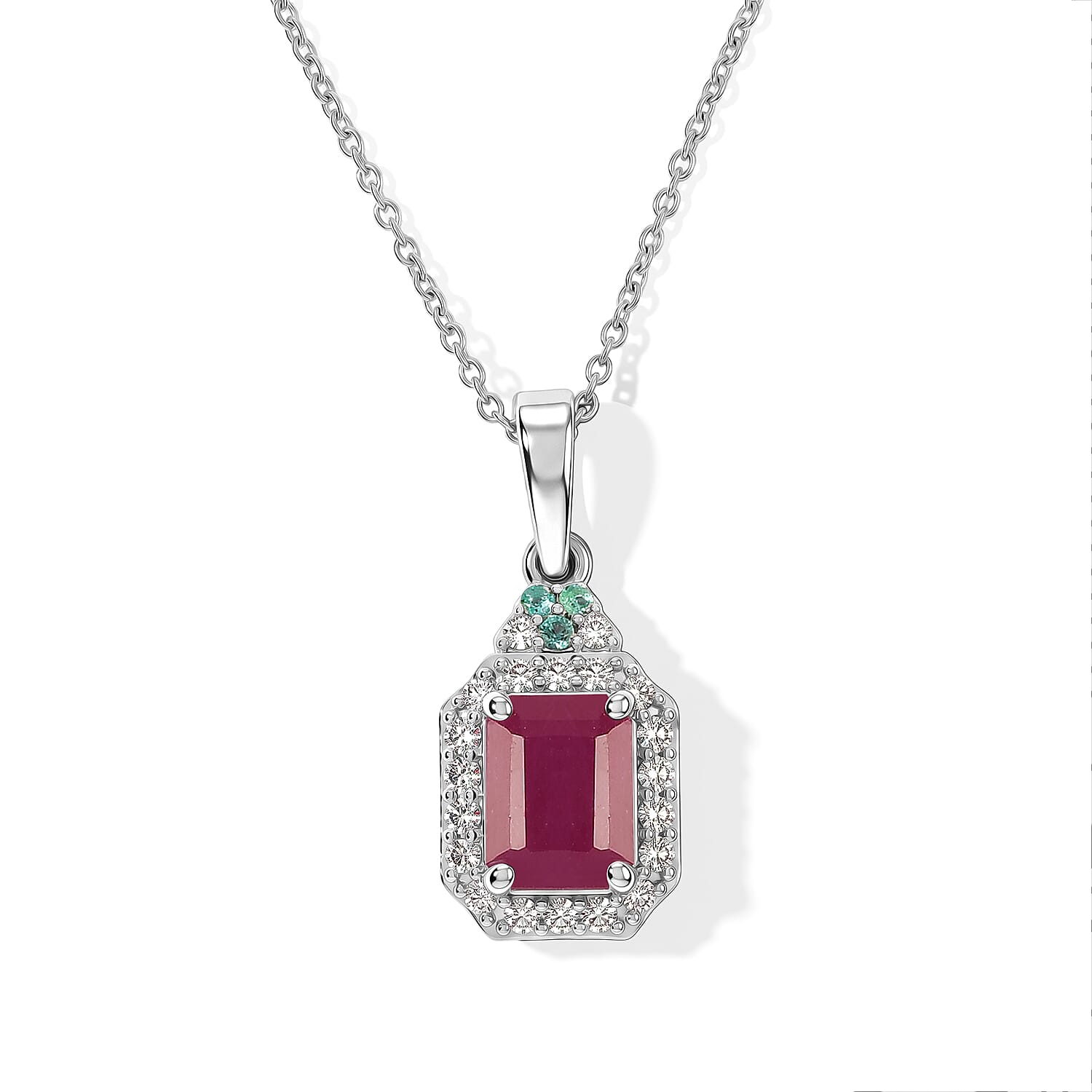 Certified and Appraised D'Joy Premium Taveta Ruby, Paraiba Tourmaline and Moissanite 2.75 ctw Pendant Necklace in Rhodium Over Sterling Silver 18 Inches