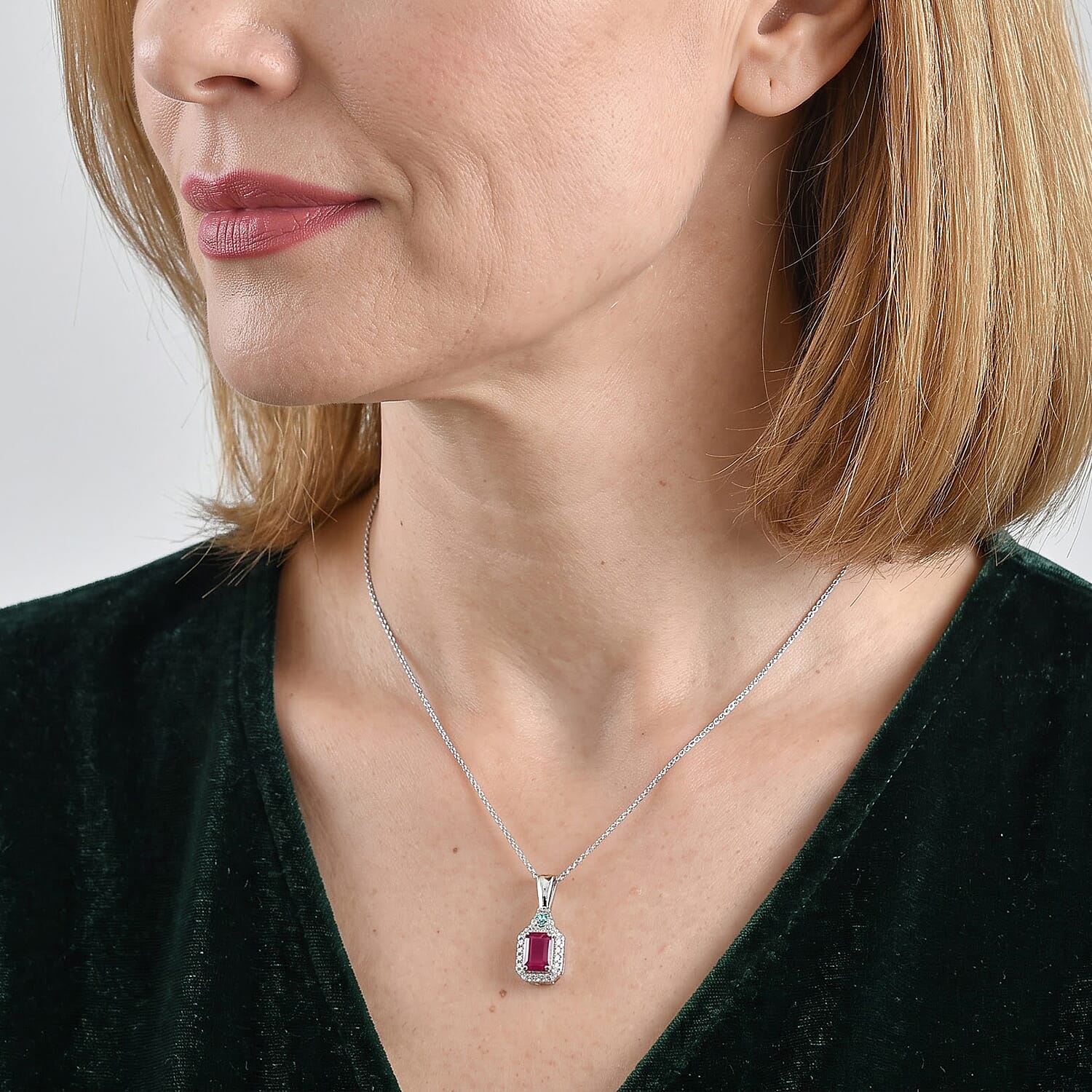 Certified and Appraised D'Joy Premium Taveta Ruby, Paraiba Tourmaline and Moissanite 2.75 ctw Pendant Necklace in Rhodium Over Sterling Silver 18 Inches