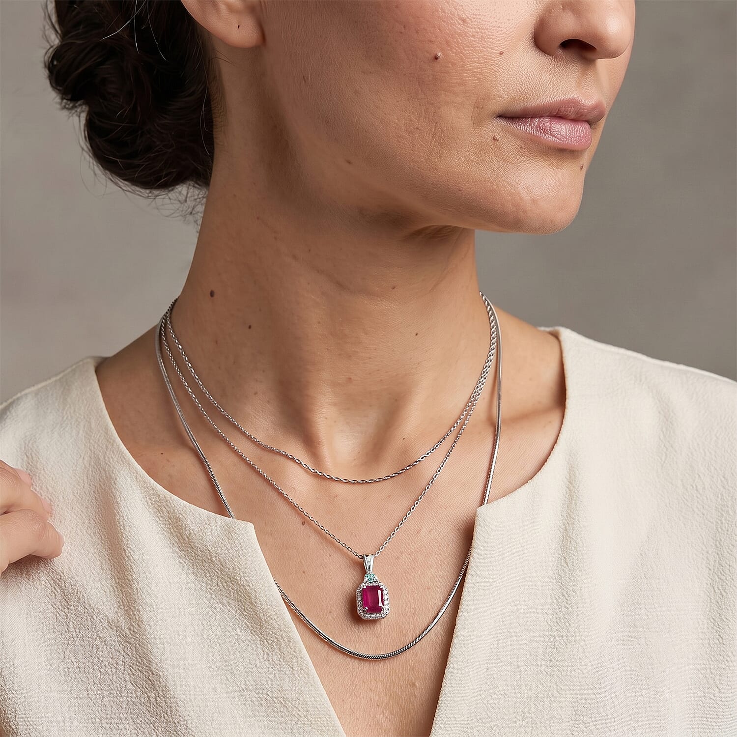 Certified and Appraised D'Joy Premium Taveta Ruby, Paraiba Tourmaline and Moissanite 2.75 ctw Pendant Necklace in Rhodium Over Sterling Silver 18 Inches