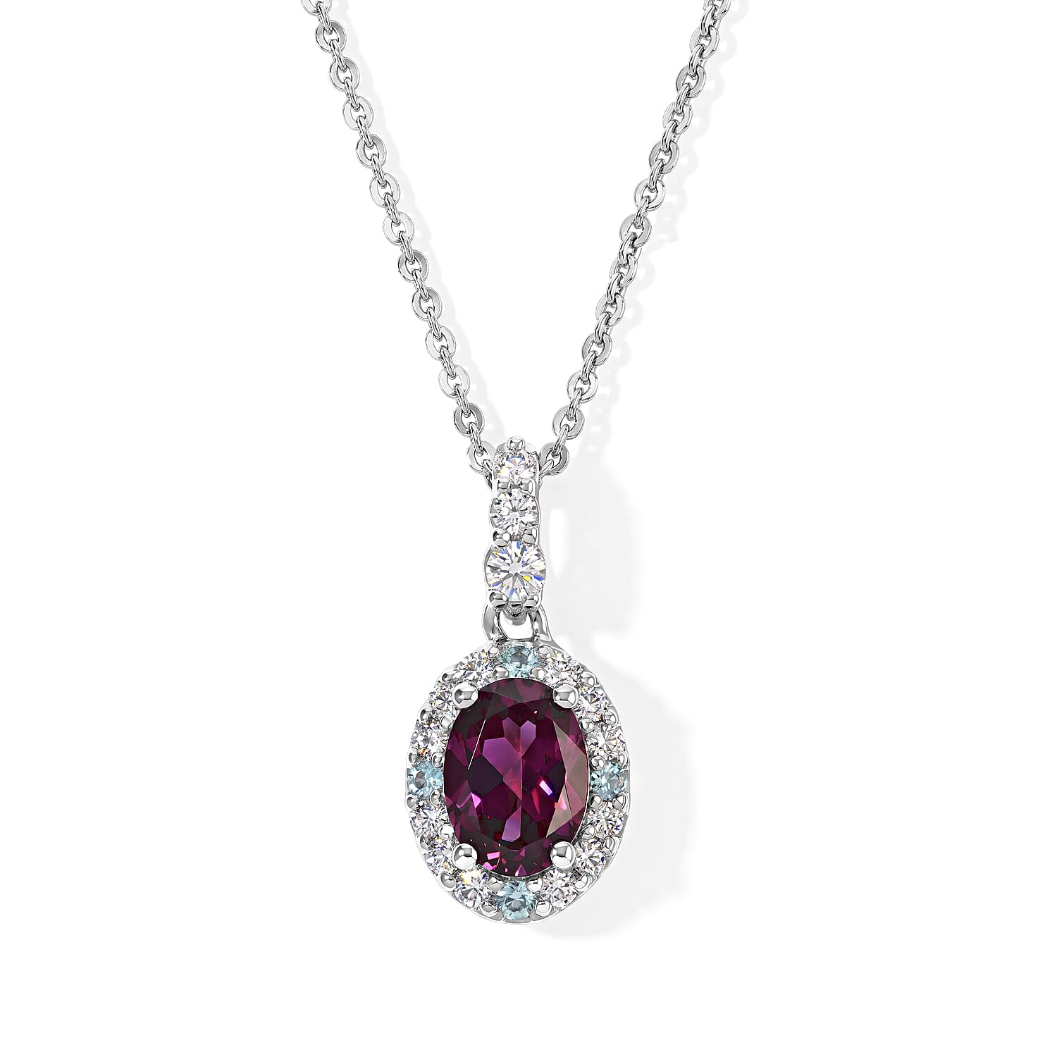 Certified and Appraised D'Joy Premium Radiant Ember Garnet, Moissanite and Paraiba Tourmaline 0.90 ctw Pendant Necklace (18 Inches) in Rhodium Over Sterling Silver